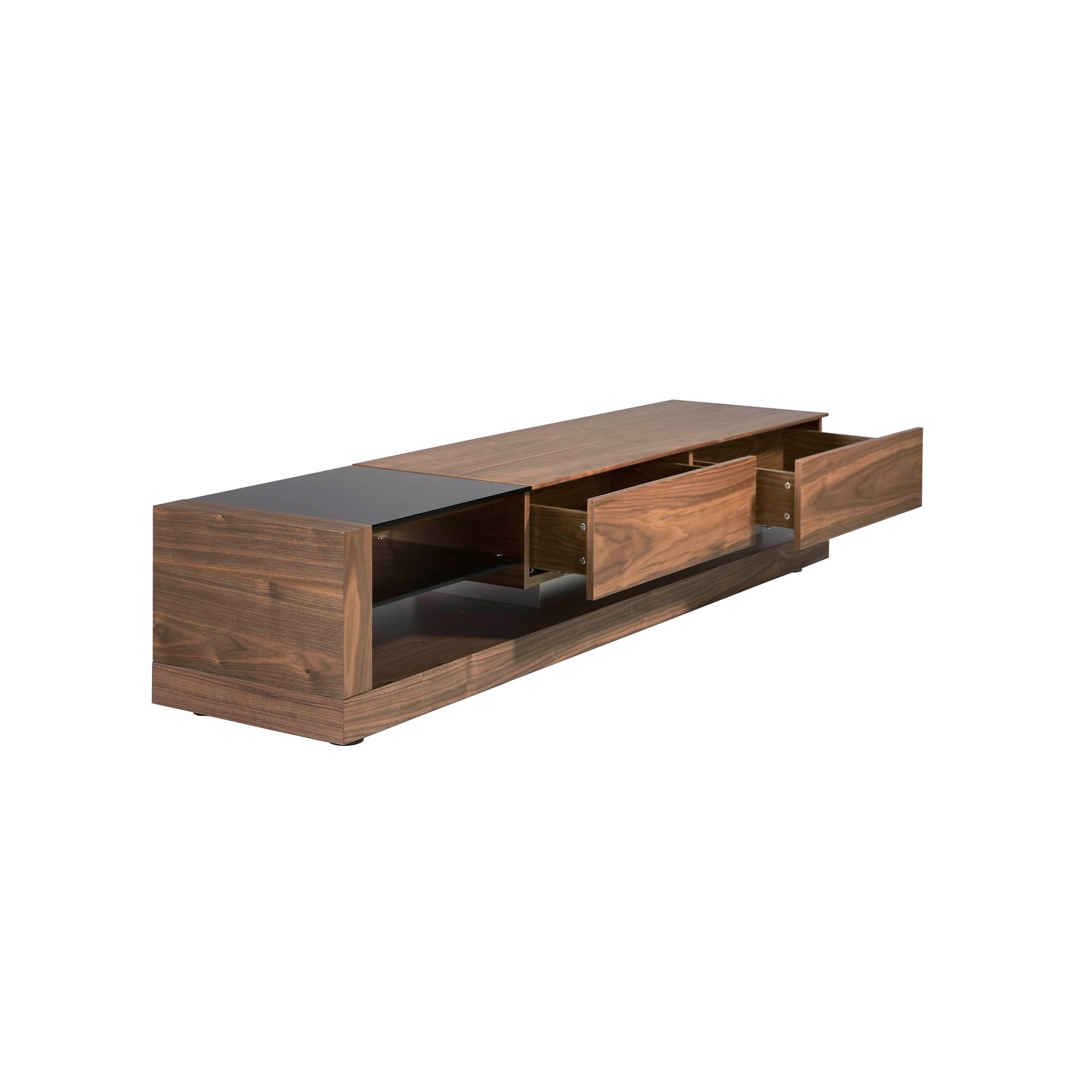 TV cabinet walnut, polished steel and black glass top 3139