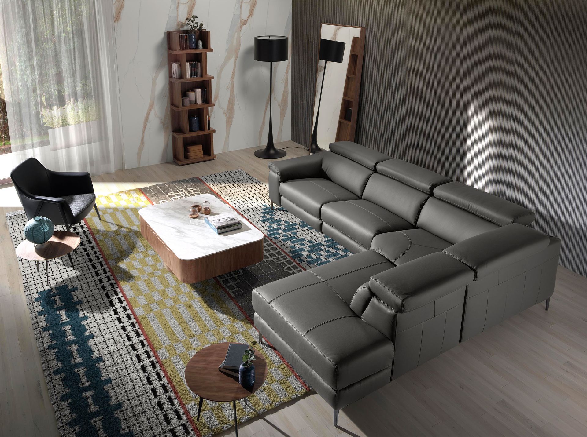 Sofa Récamiere Rechts 6111 mit Relaxsystem Leder Dunklegrau