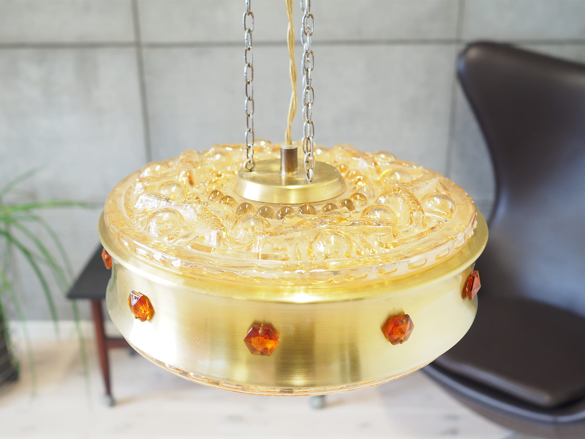 Vintage pendant lamp glass metal gold 1980s