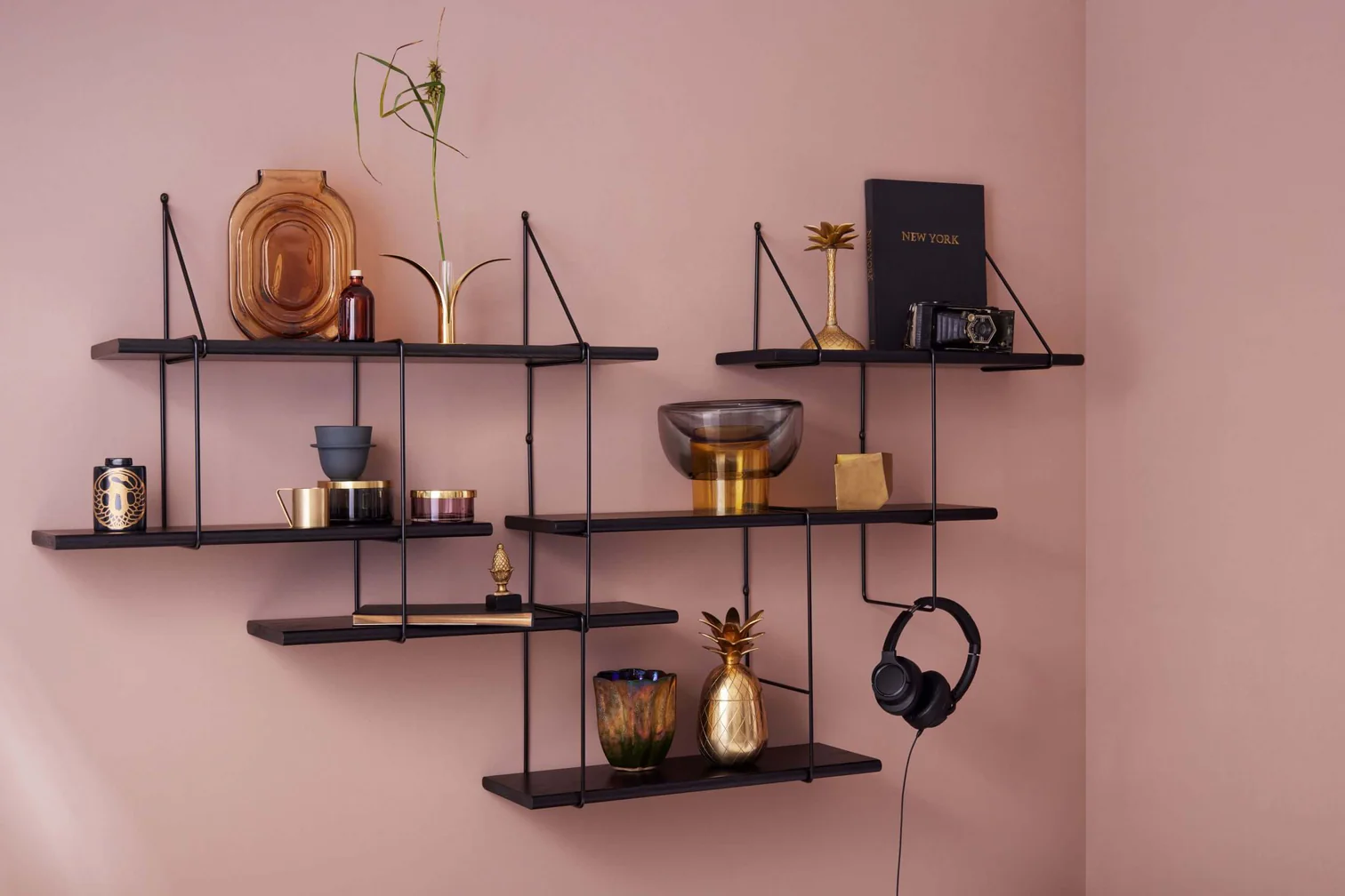 Shrink Wall shelf Beech wood Steel Black