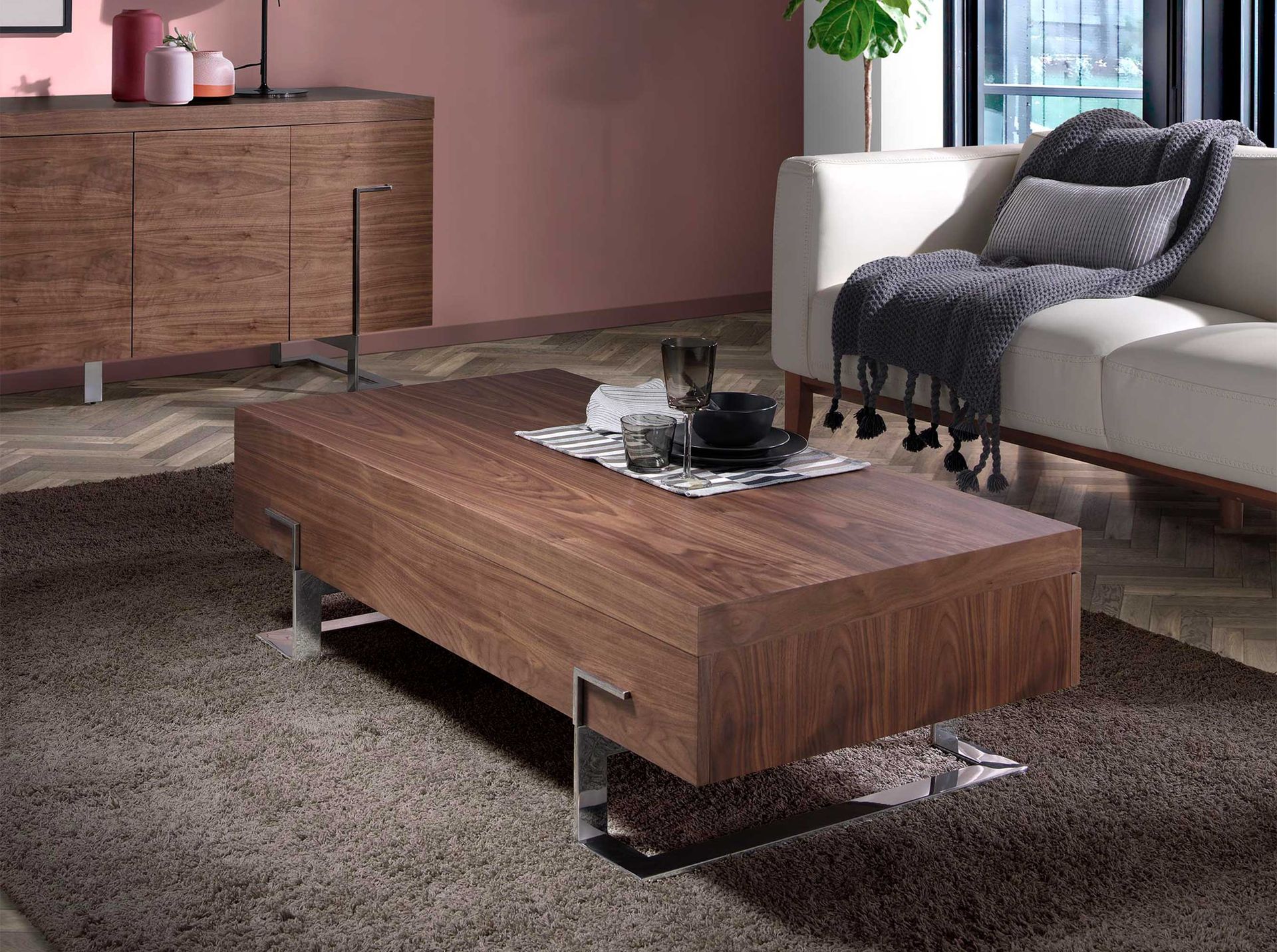 Rectangular coffee table walnut steel