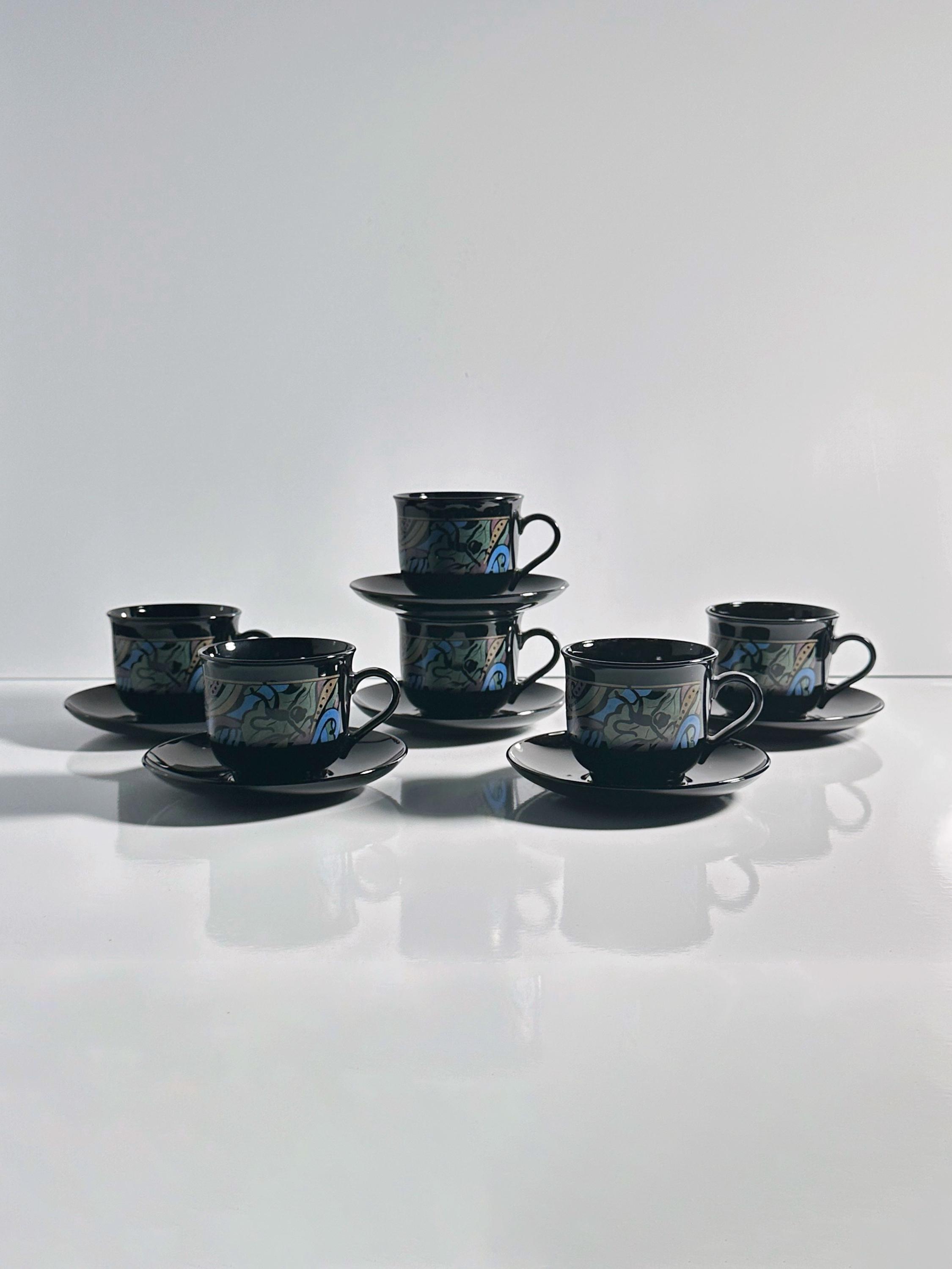 6x Vintage Tasse mit Unterteller Schwarz 1980er Jahre