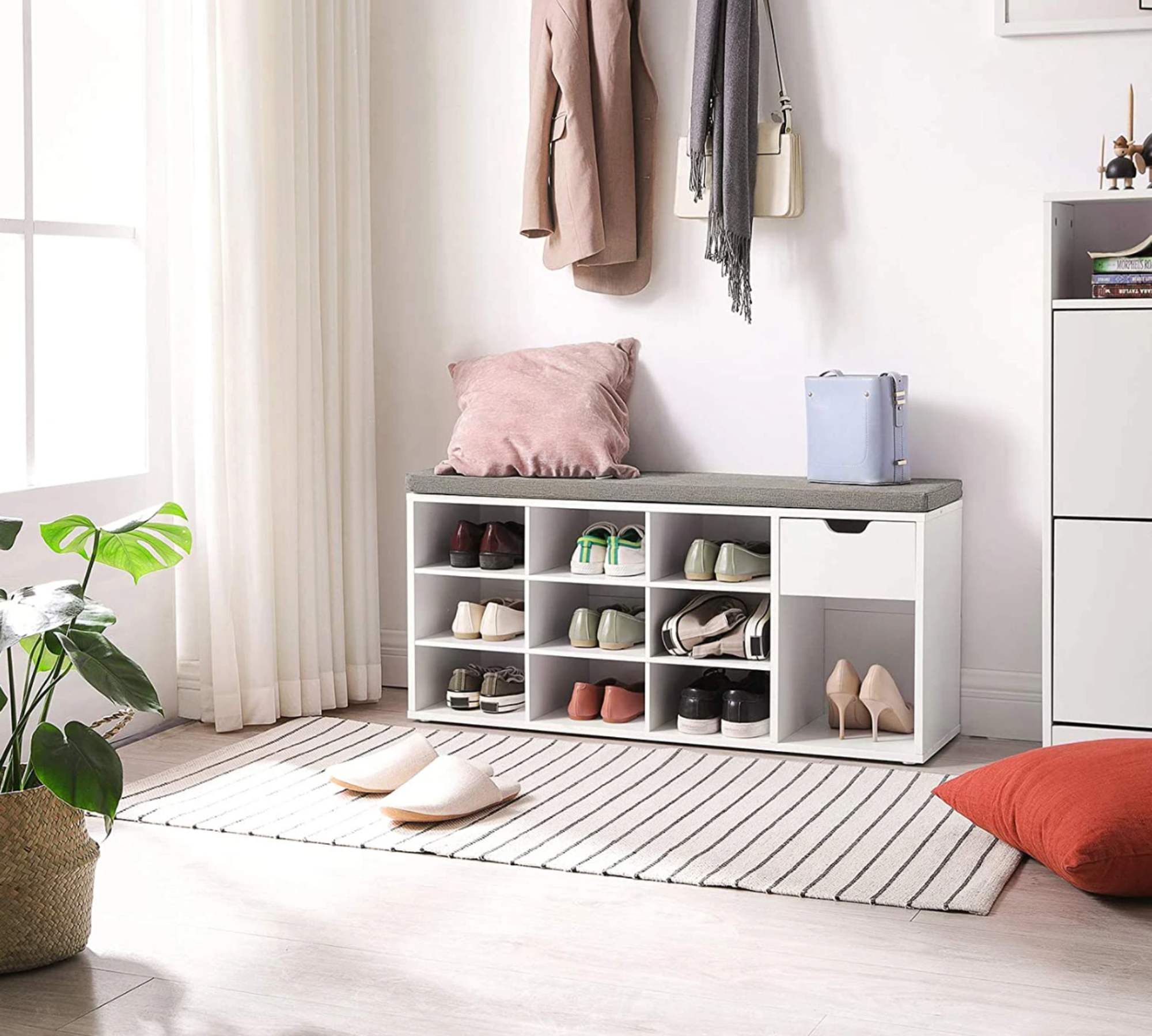 Schuhbank Holz Textil Hellgrau Weiß