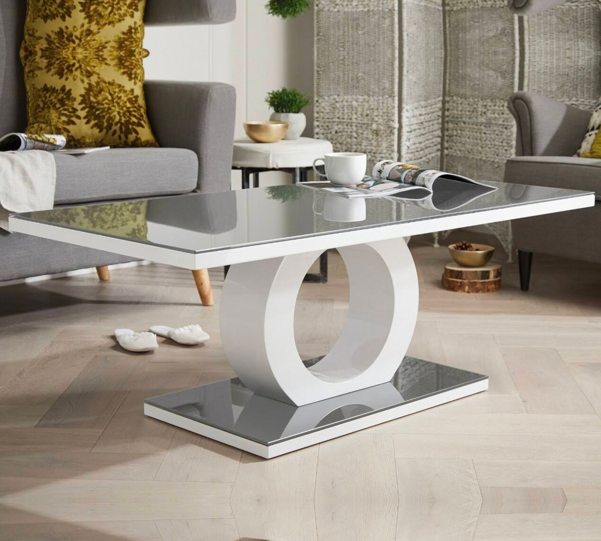 Couchtisch Holz Glas Grau