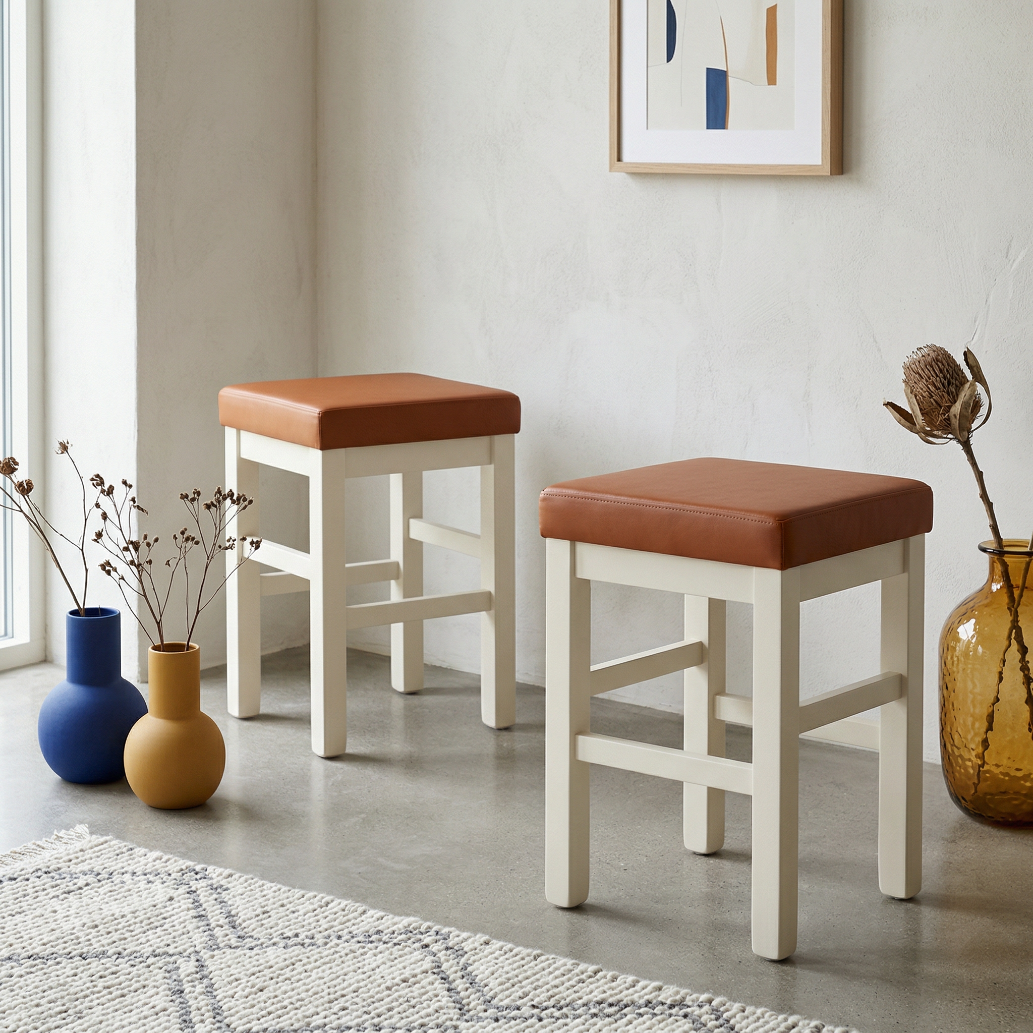 2x Square Stool Wood Faux Leather White