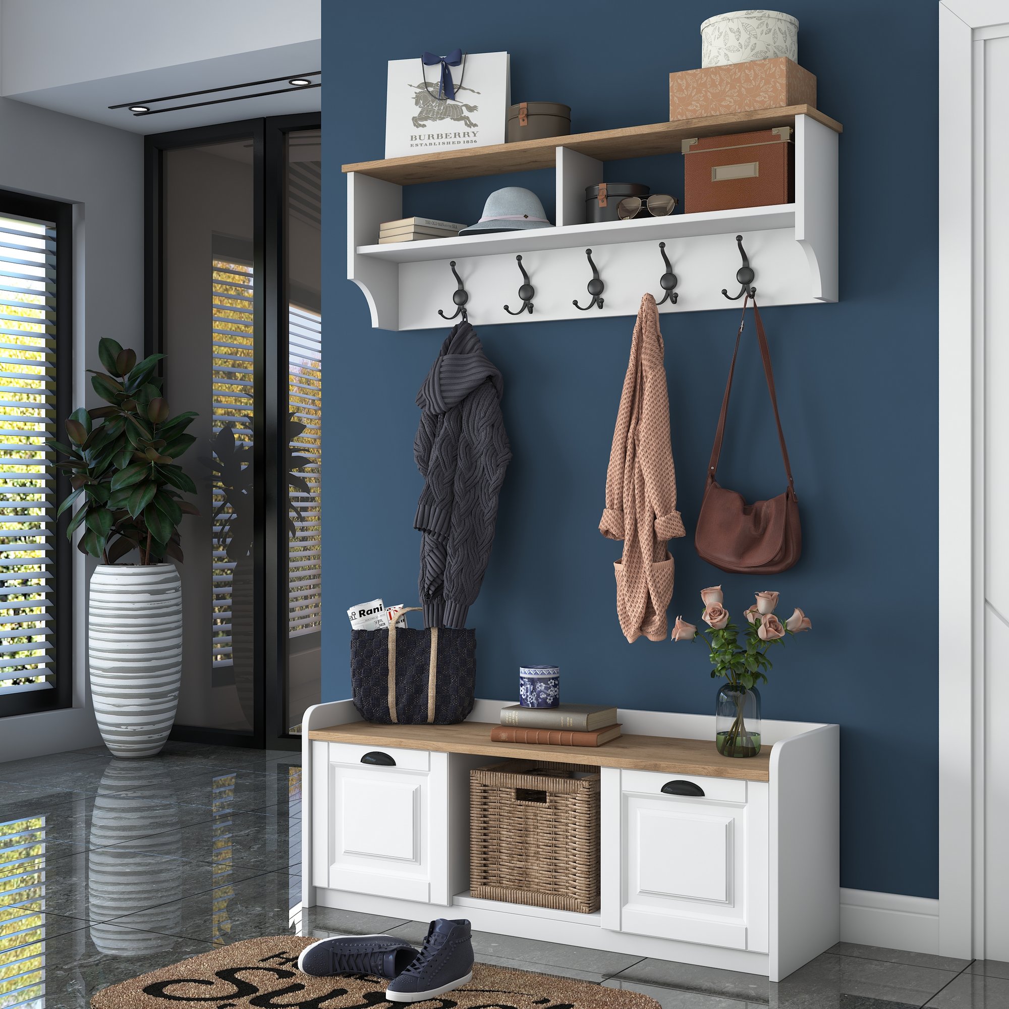 P2 Garderobe Holzfurnier Weiß