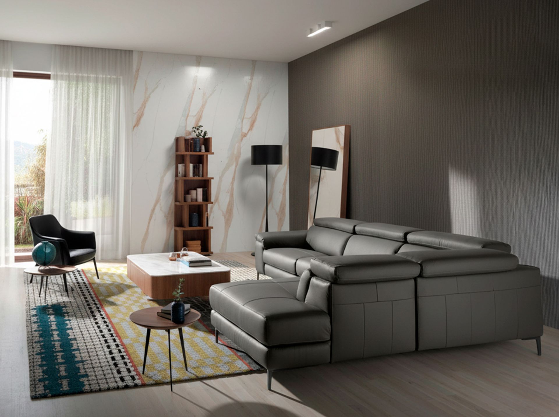 Sofa Récamiere Rechts 6111 mit Relaxsystem Leder Dunklegrau