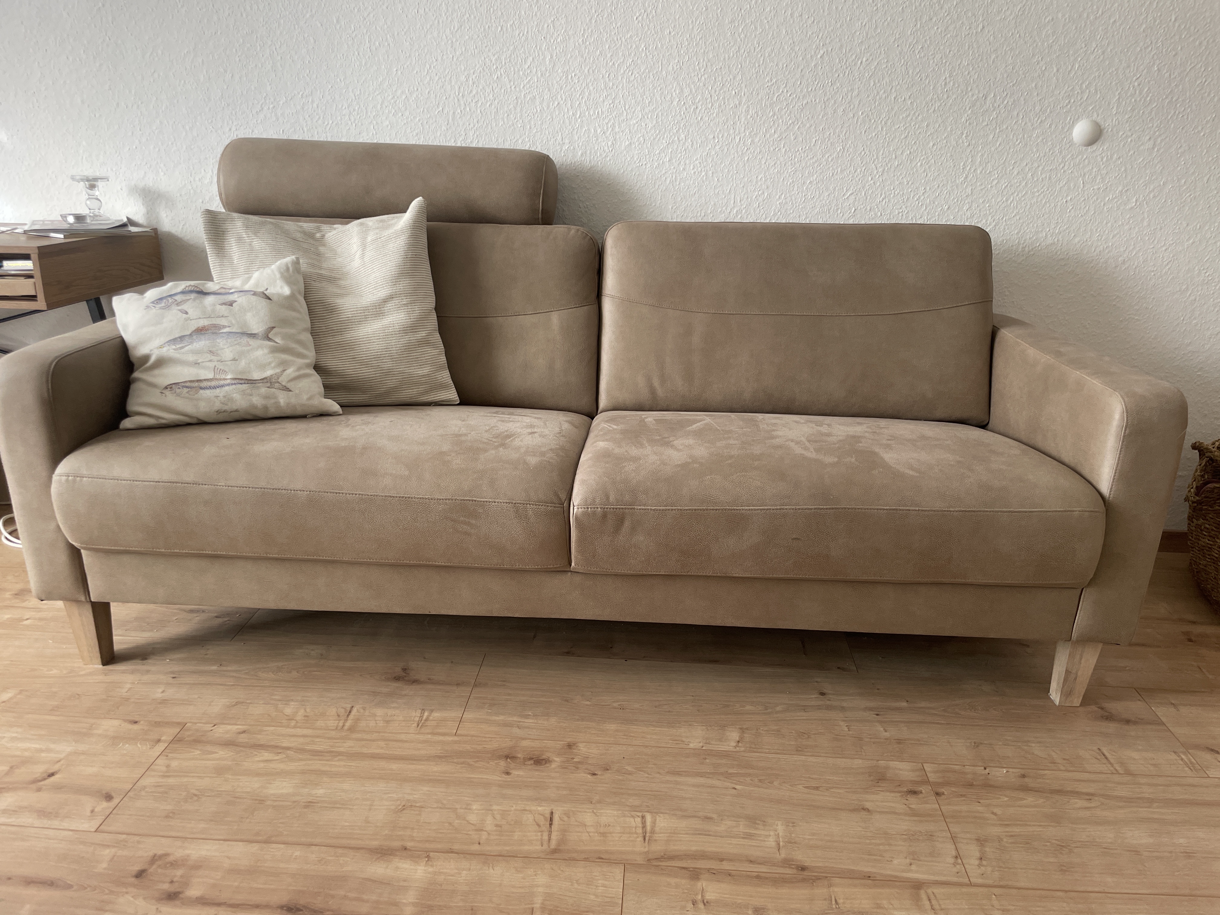 Sofa 3-Sitzer Kunstleder Holz Beige