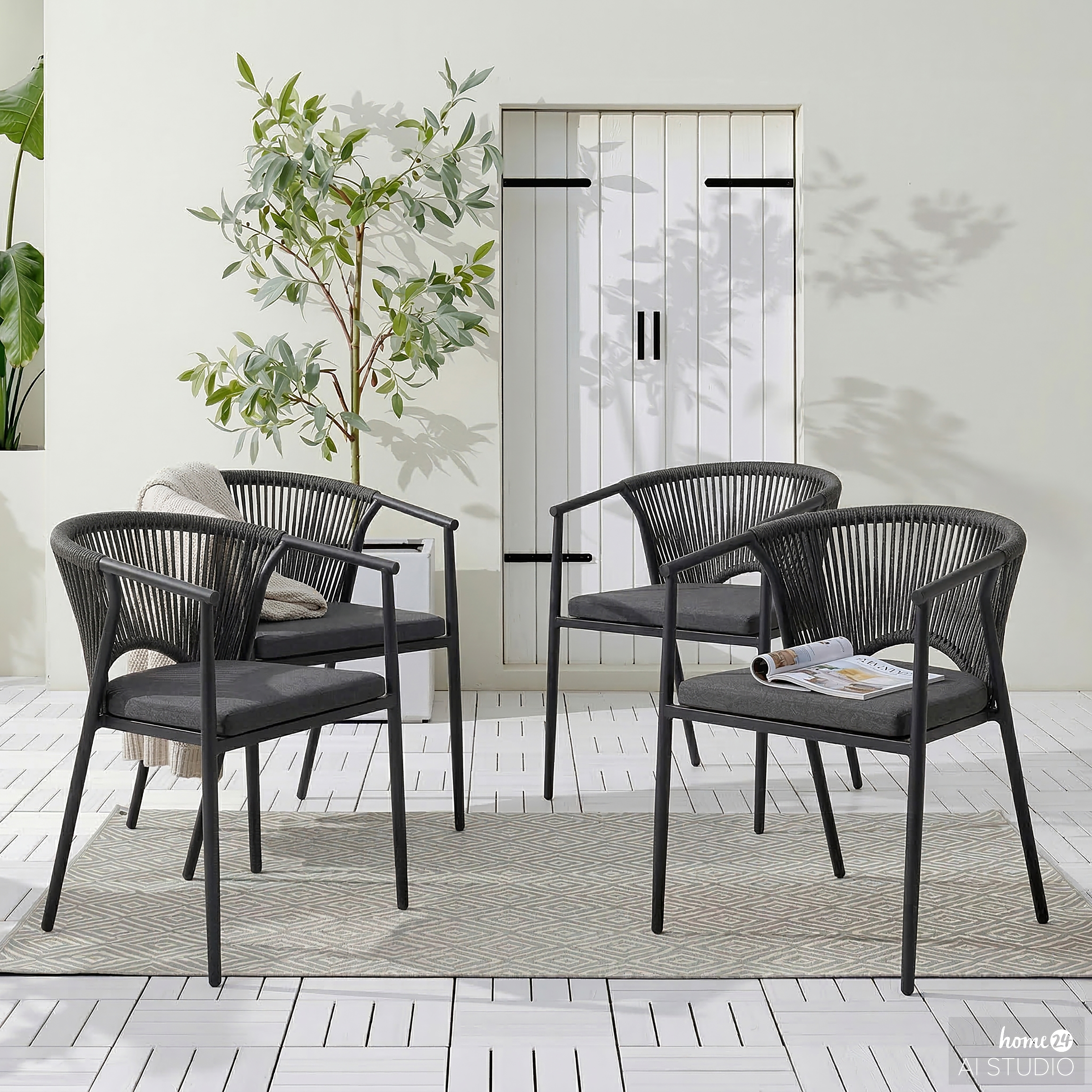 Gartenstuhl Arin 4er-Set Eisen Webstoff Schwarz Anthrazit