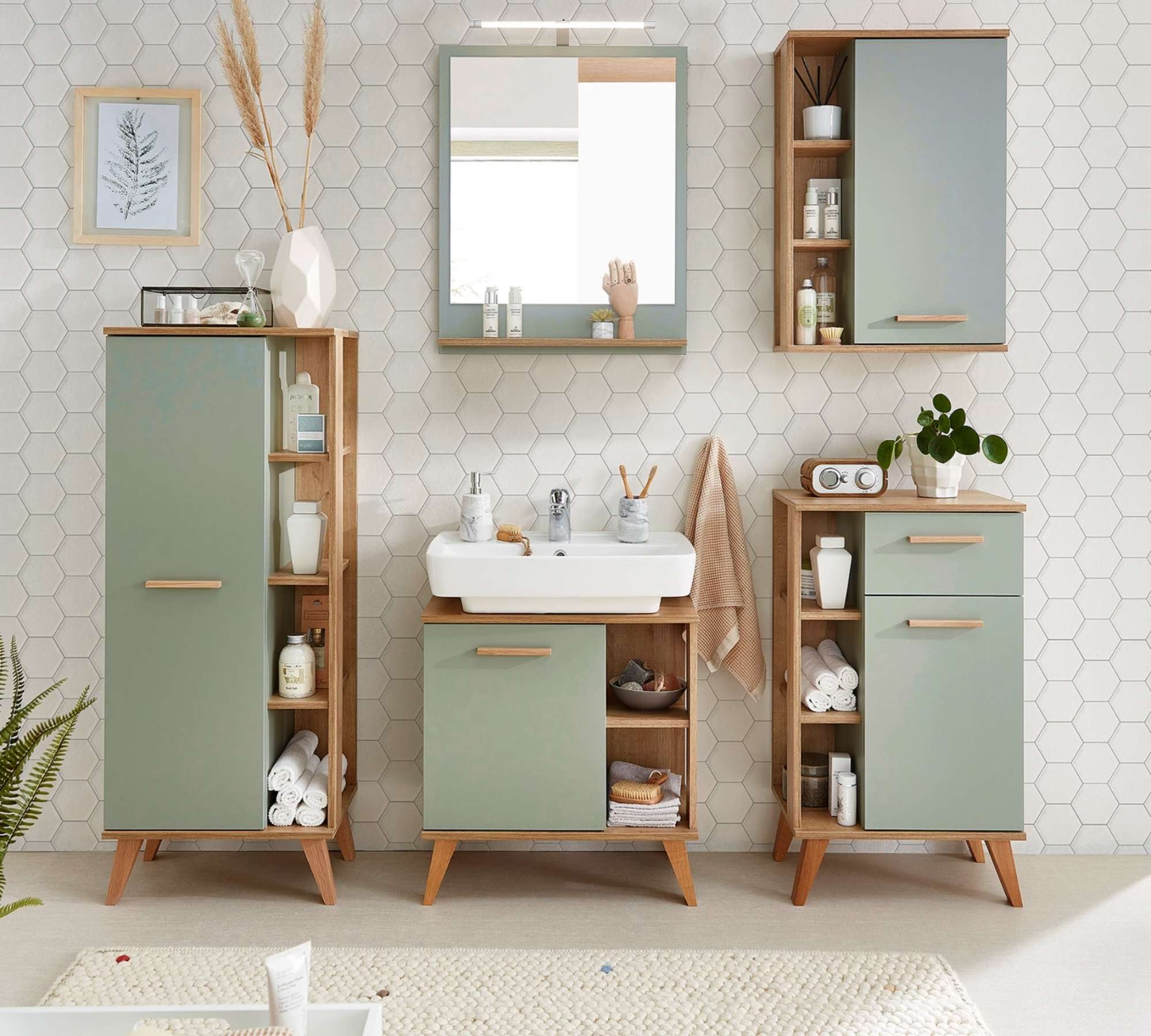Badezimmerschrank Eichendekor Salbei
