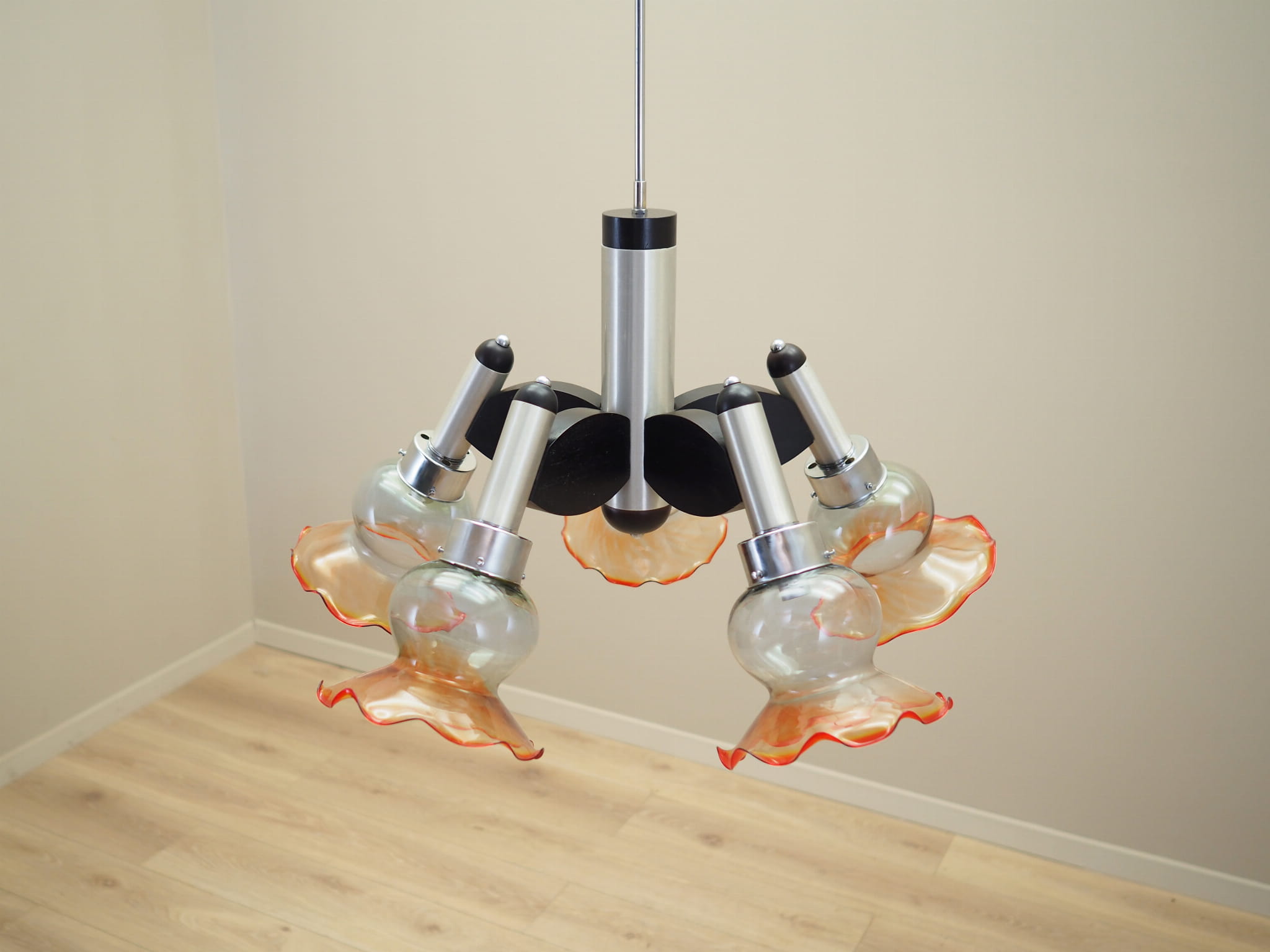 Vintage chandelier glass wood orange 1970s