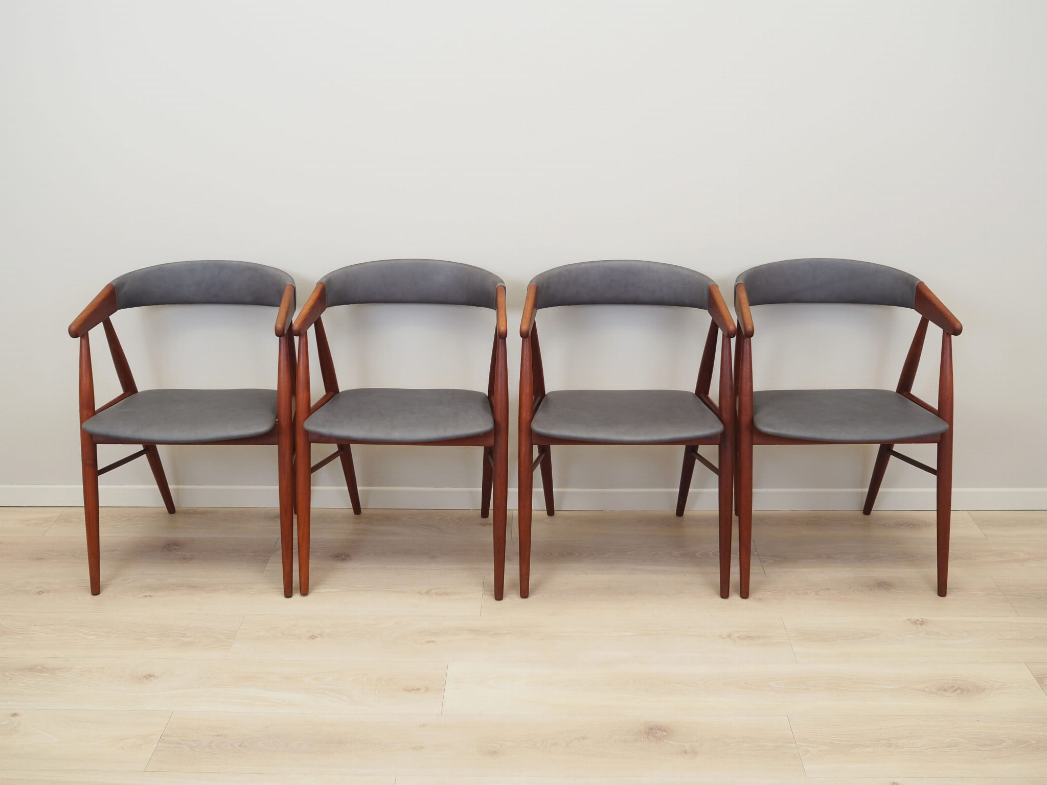 4x Vintage Chair Teak Wood Leather Gray 1960s