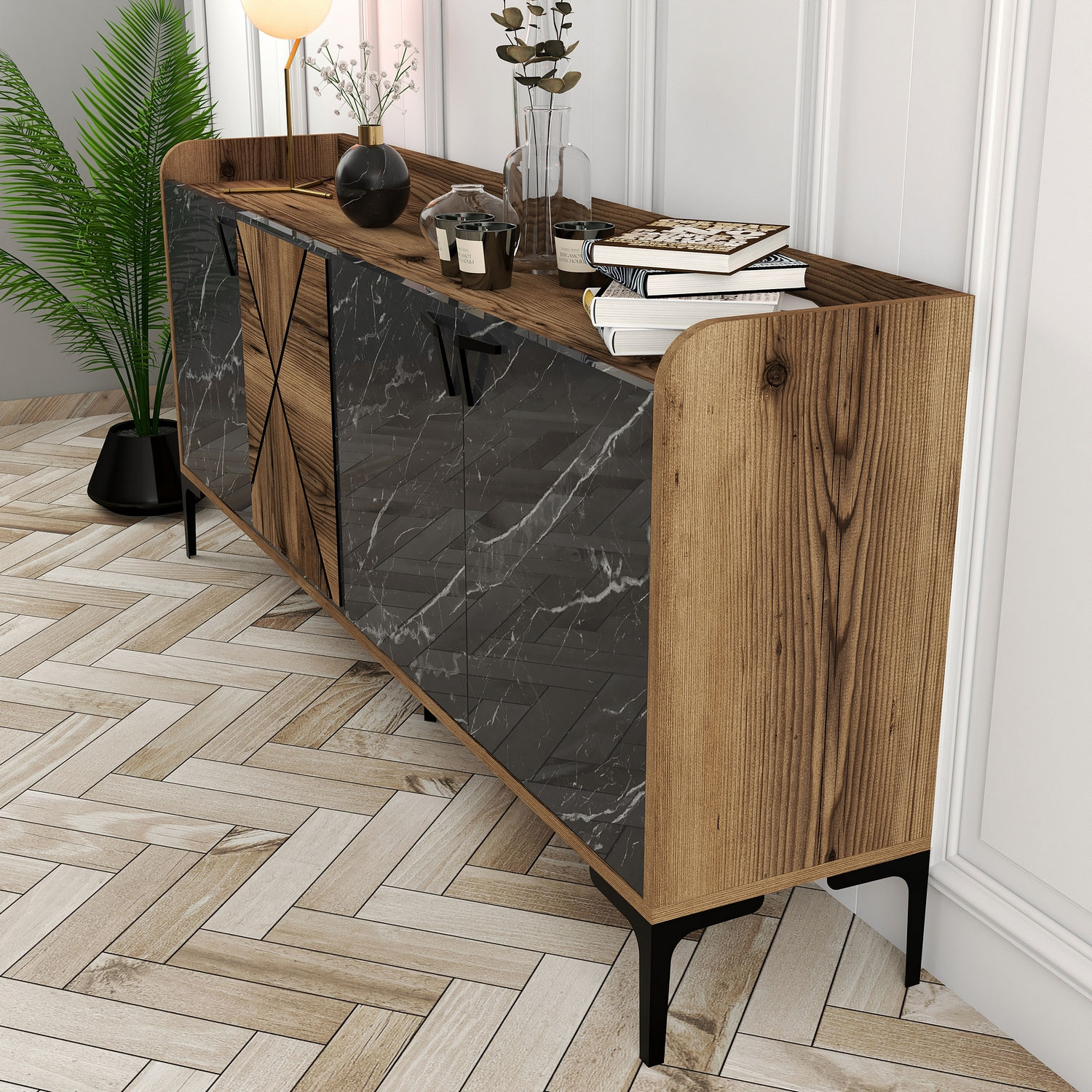 Venedik Sideboard Walnussbraun Marmoroptik Schwarz