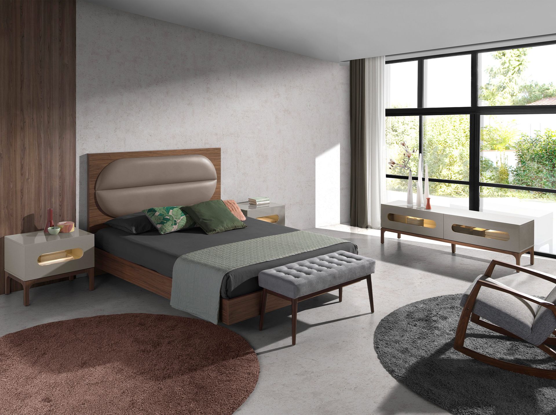 Doppelbett Holz Leder Grau