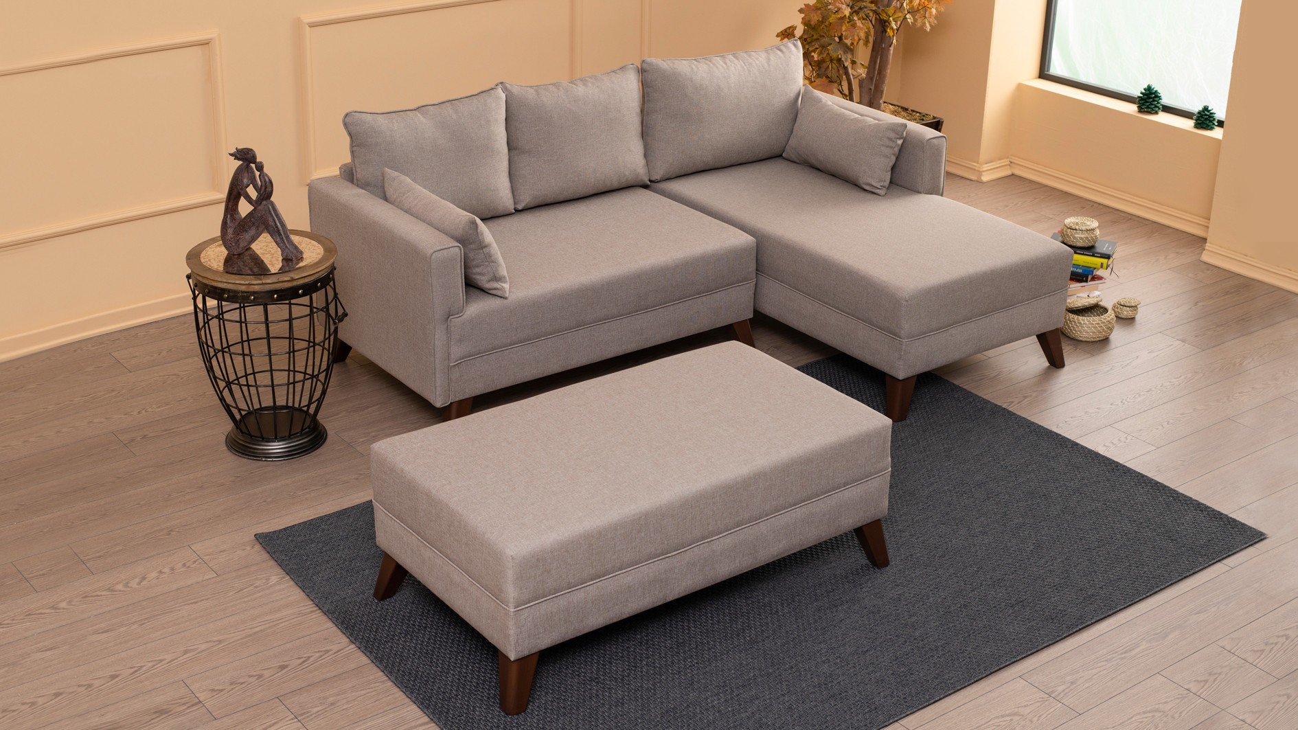 Bella Sofa Récamiere Rechts mit Hocker Creme