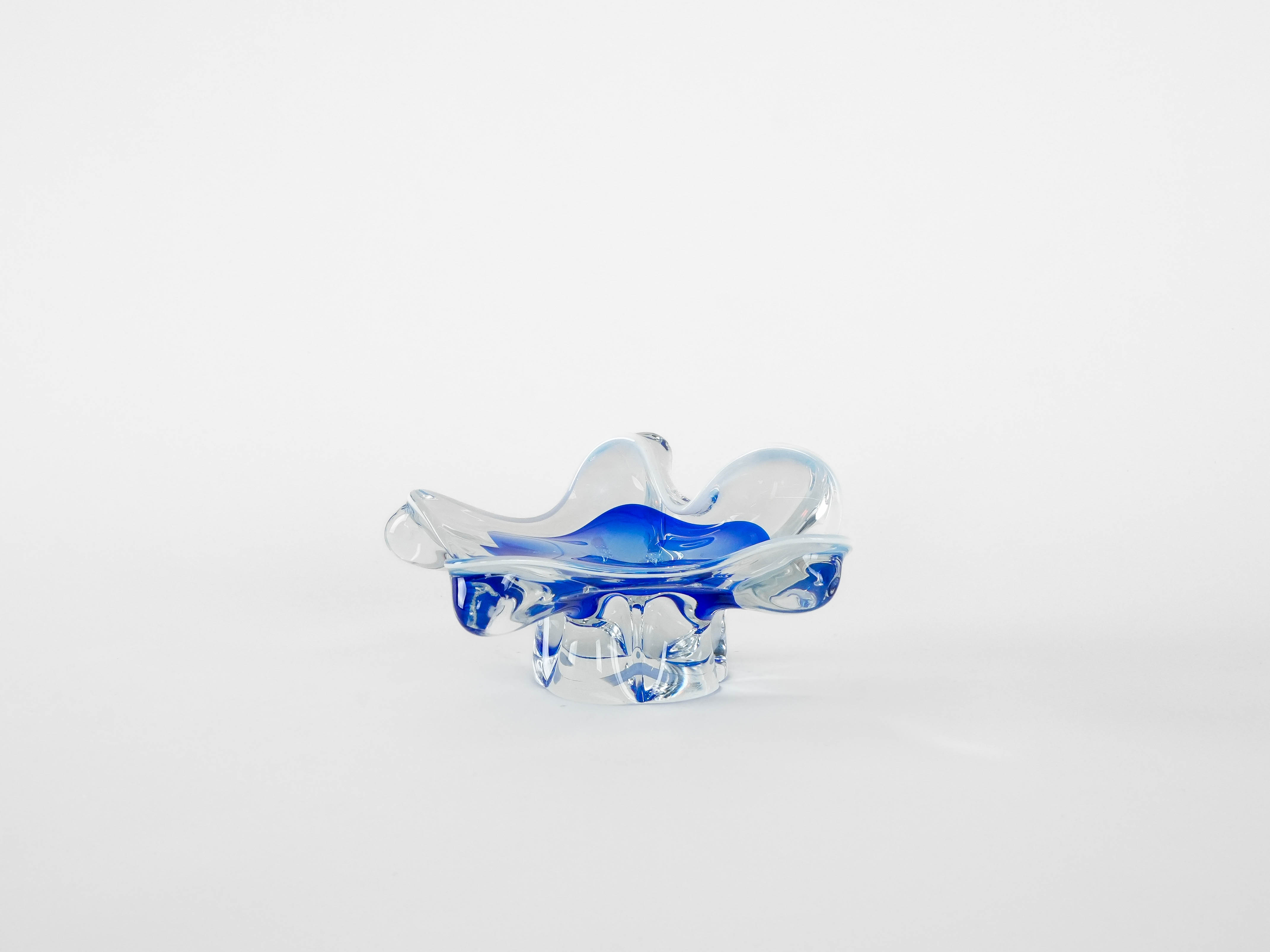 Blumenplatte Murano-Glas Blau Transparent 1960er Jahre