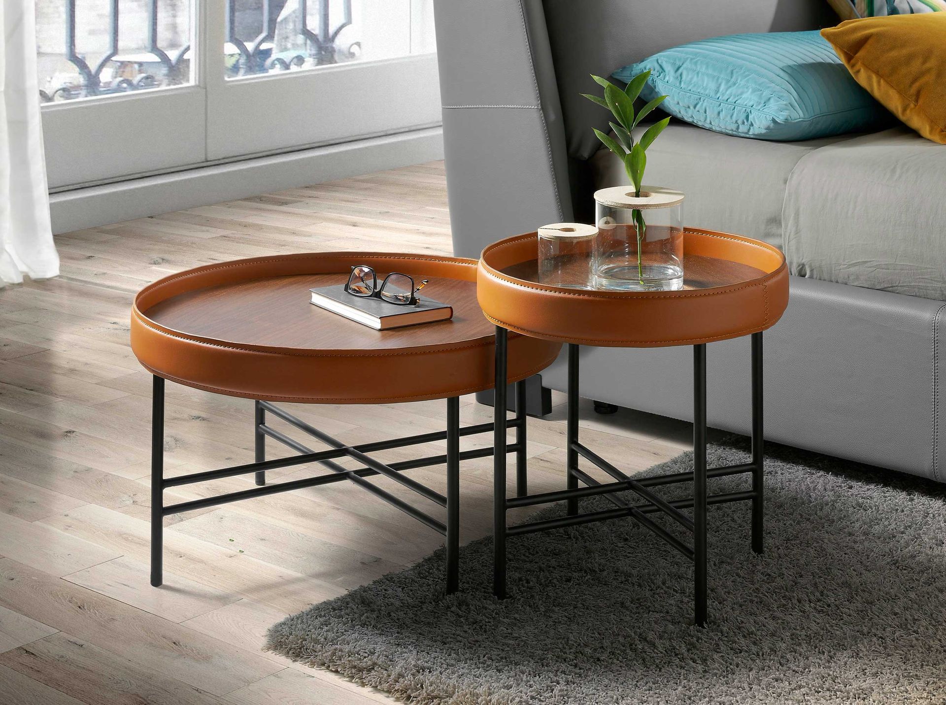 Couchtisch Walnussfurnier Kunstleder Braun Ø 62cm