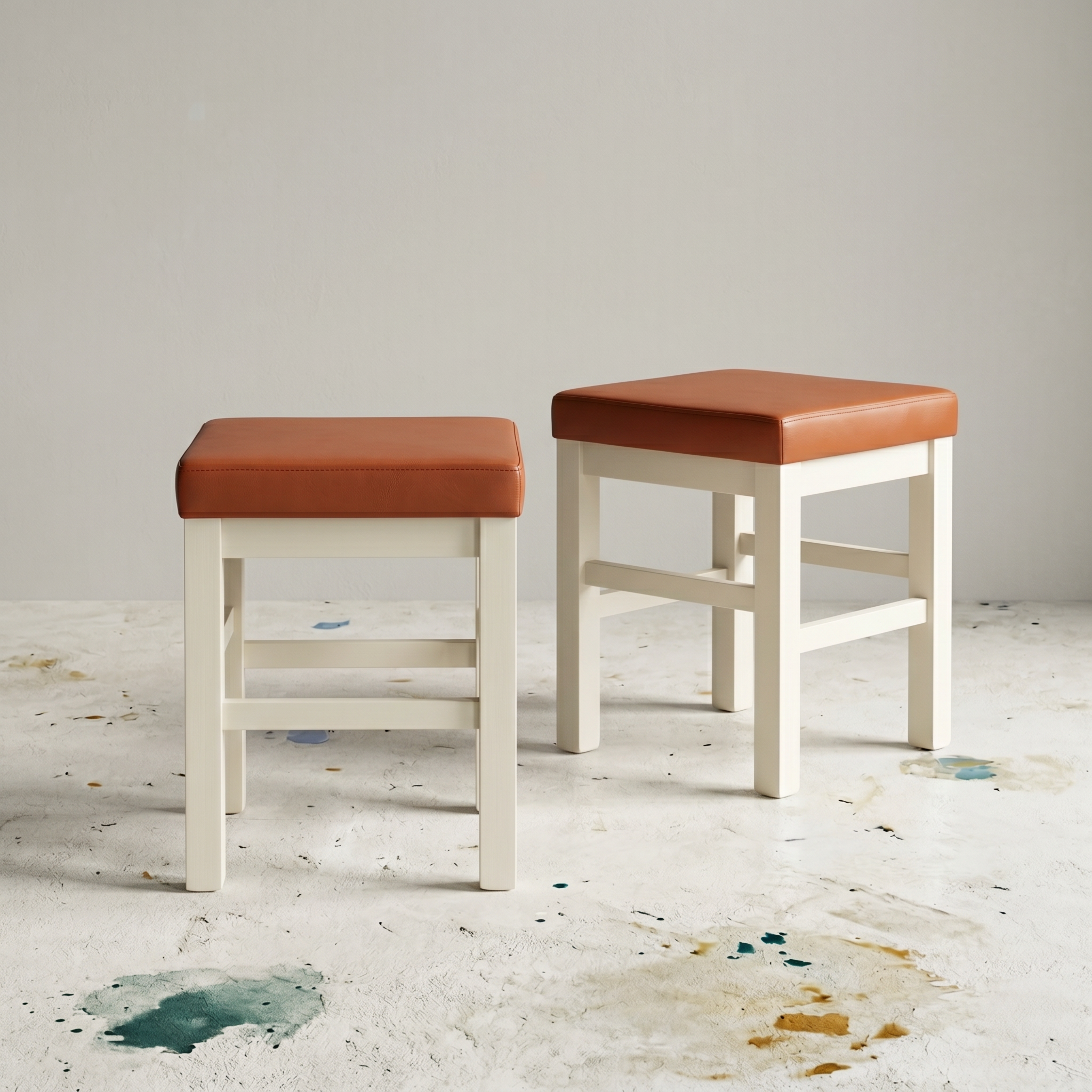2x Square Stool Wood Faux Leather White