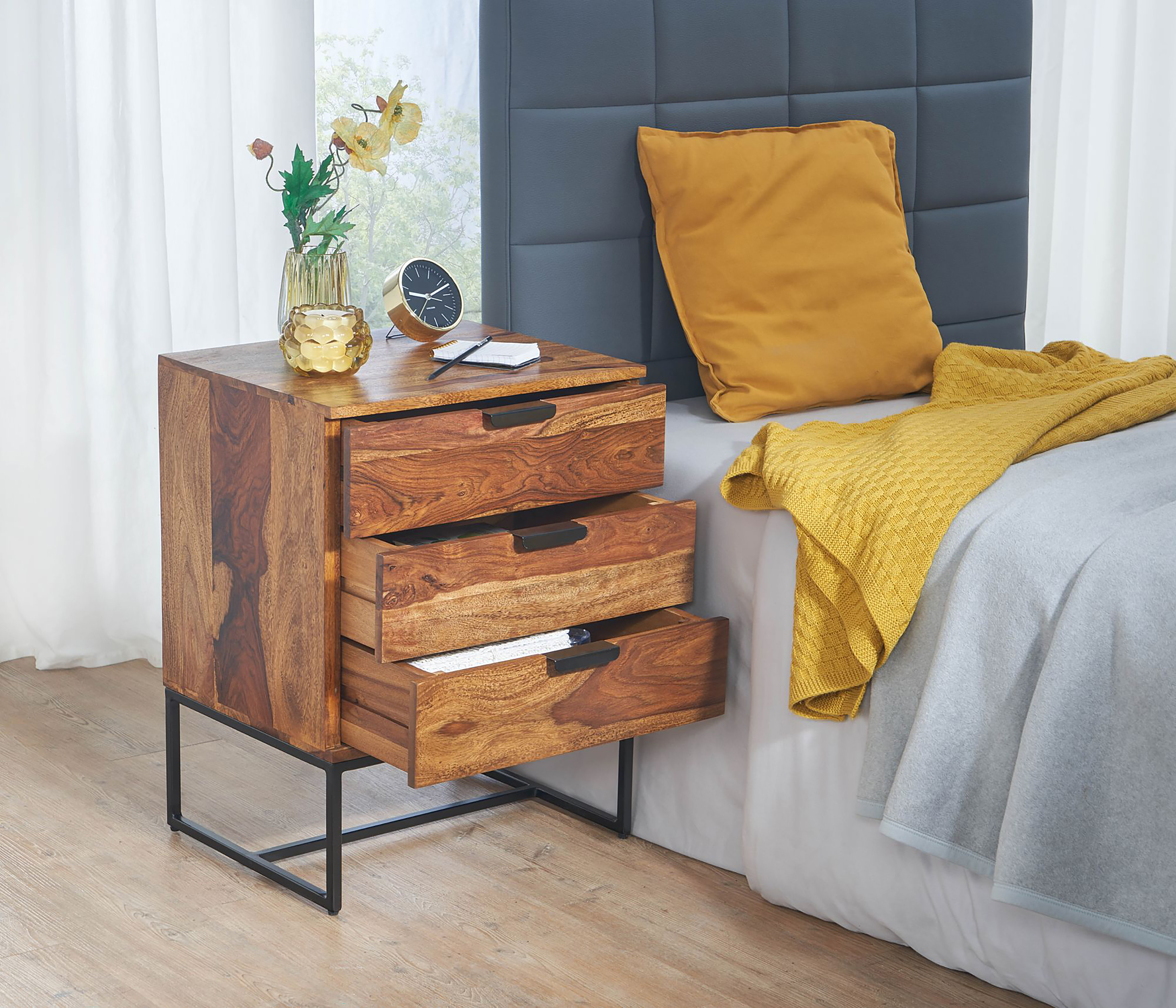 Nightstand Keneba Sheesham Black Solid