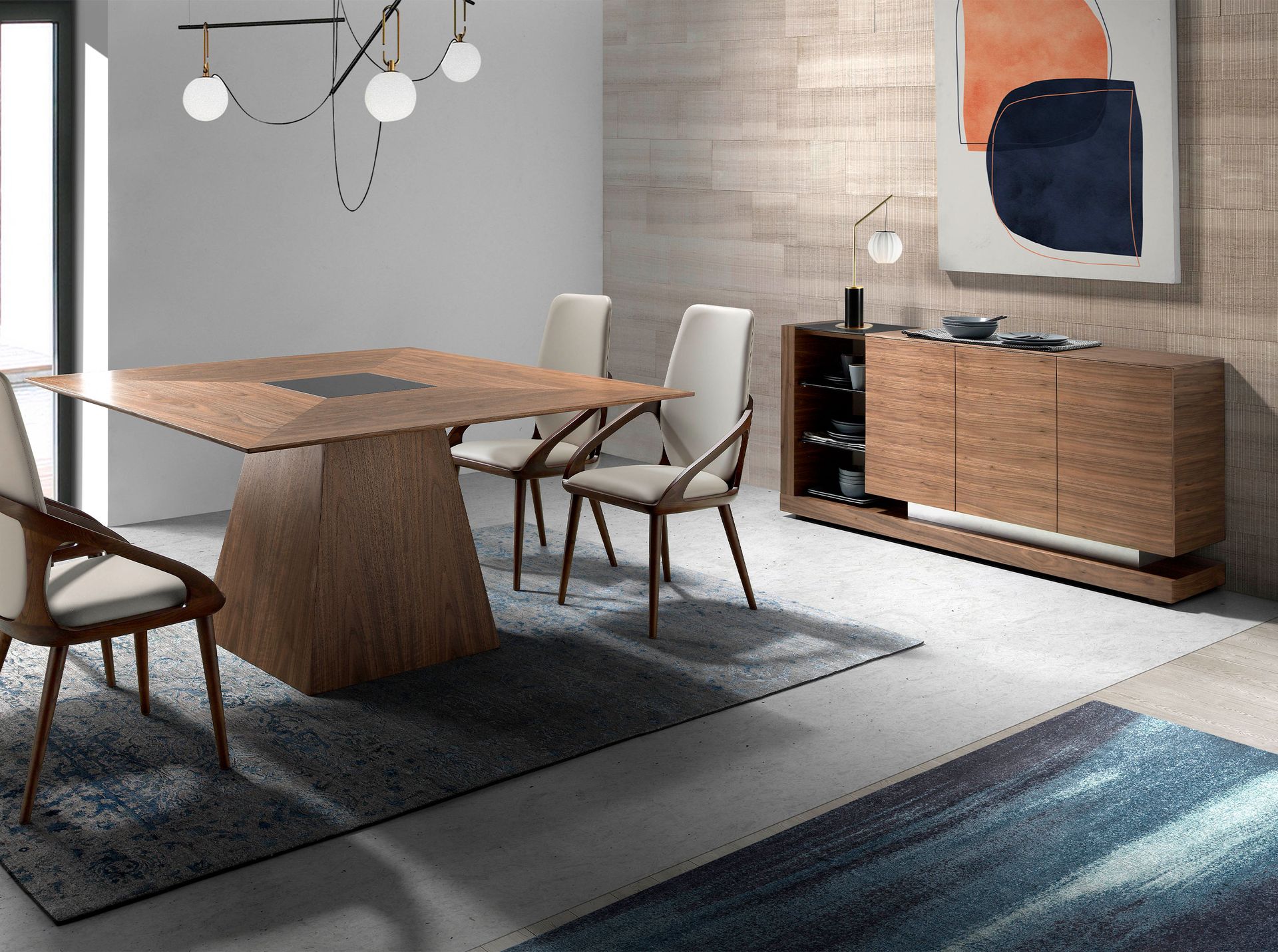 Sideboard walnut, brushed steel and black glass top 3140