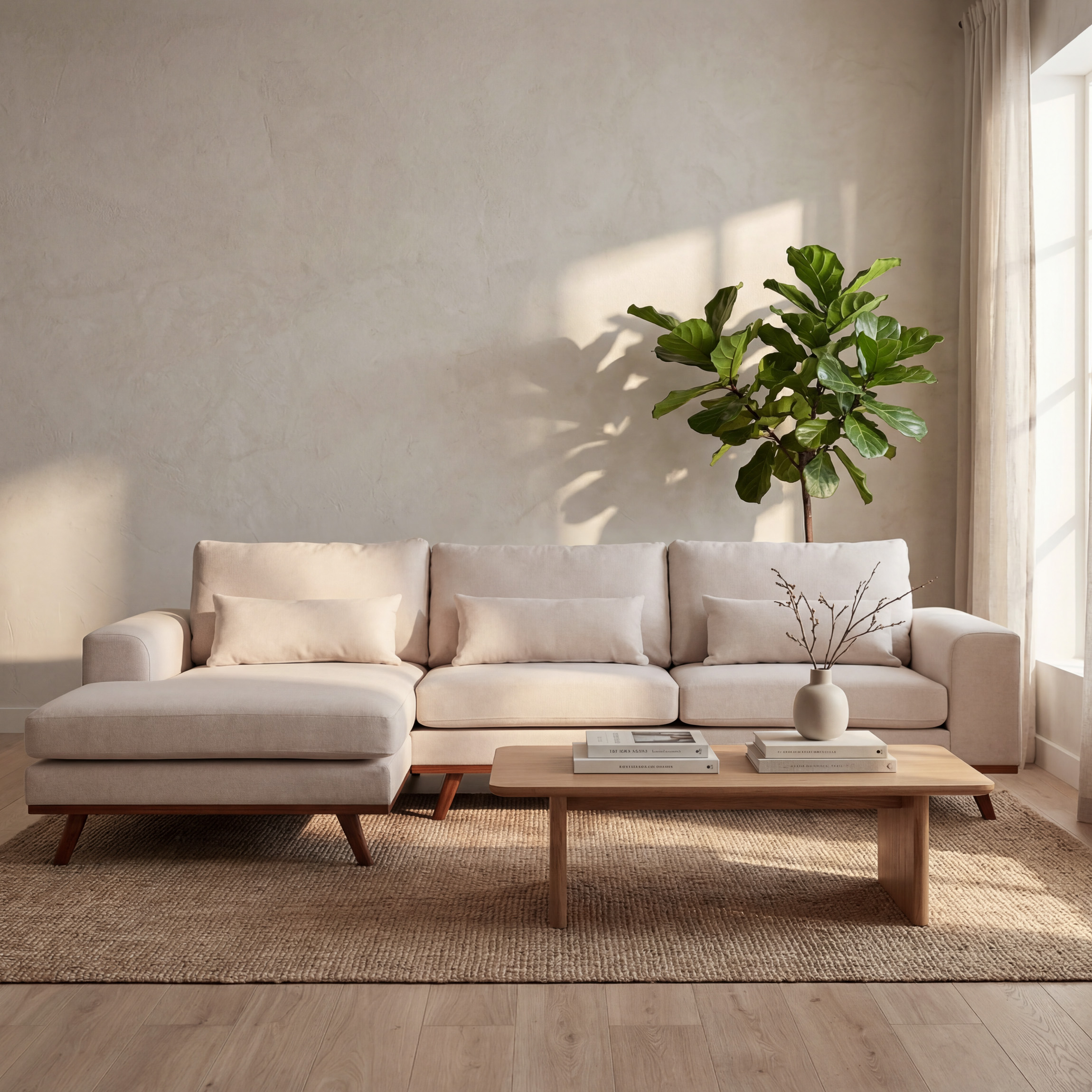 Corner Sofa Japandi 3-Seater Left Fabric Beige