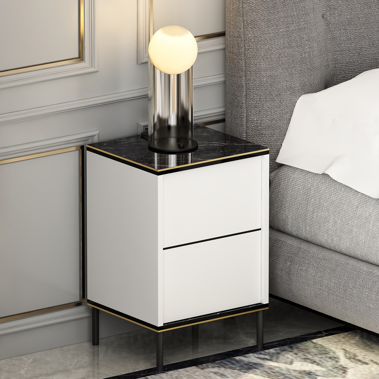 Imaj Nightstand Wood Veneer White Black Gold