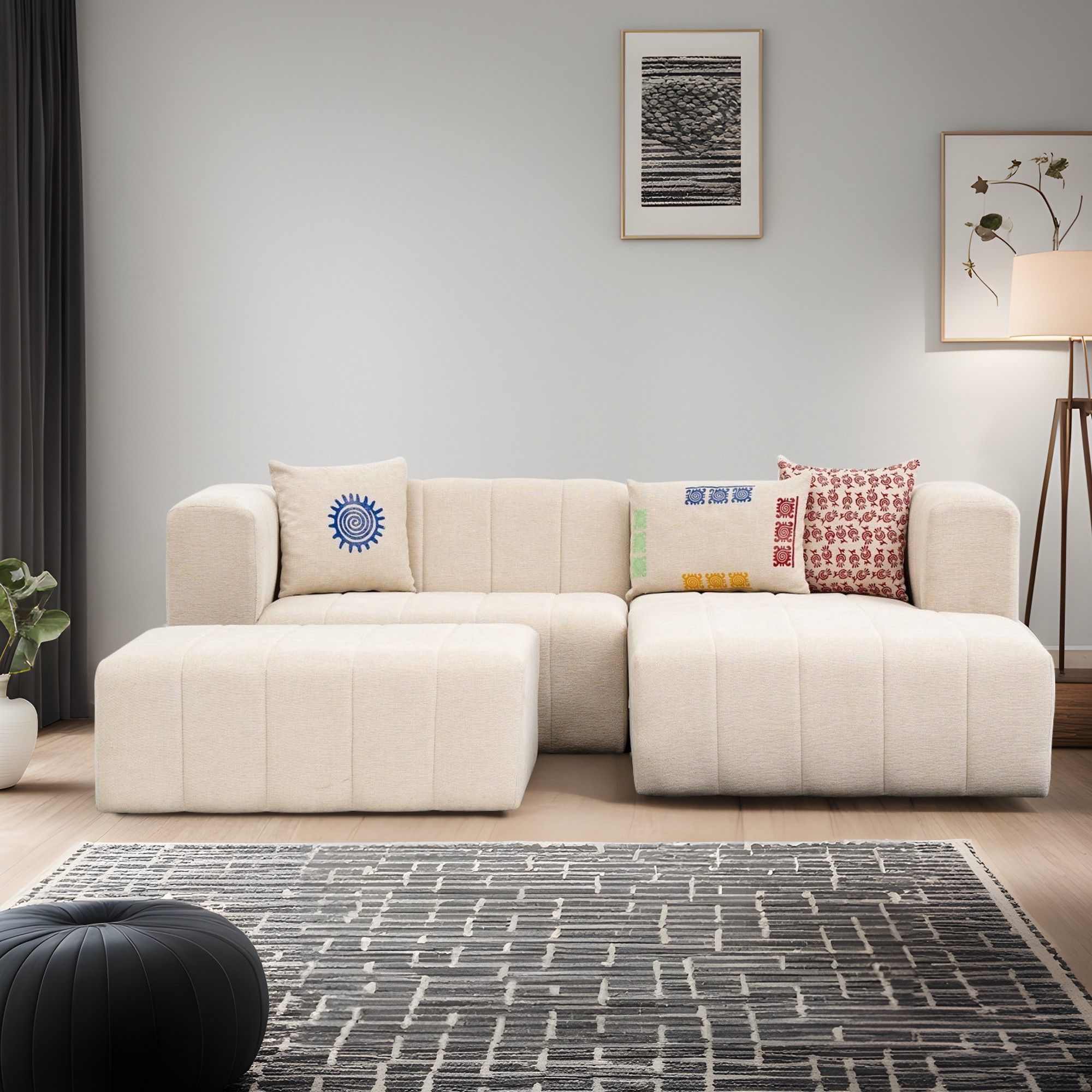 Beyza Sofa Récamiere Rechts mit Hocker Creme