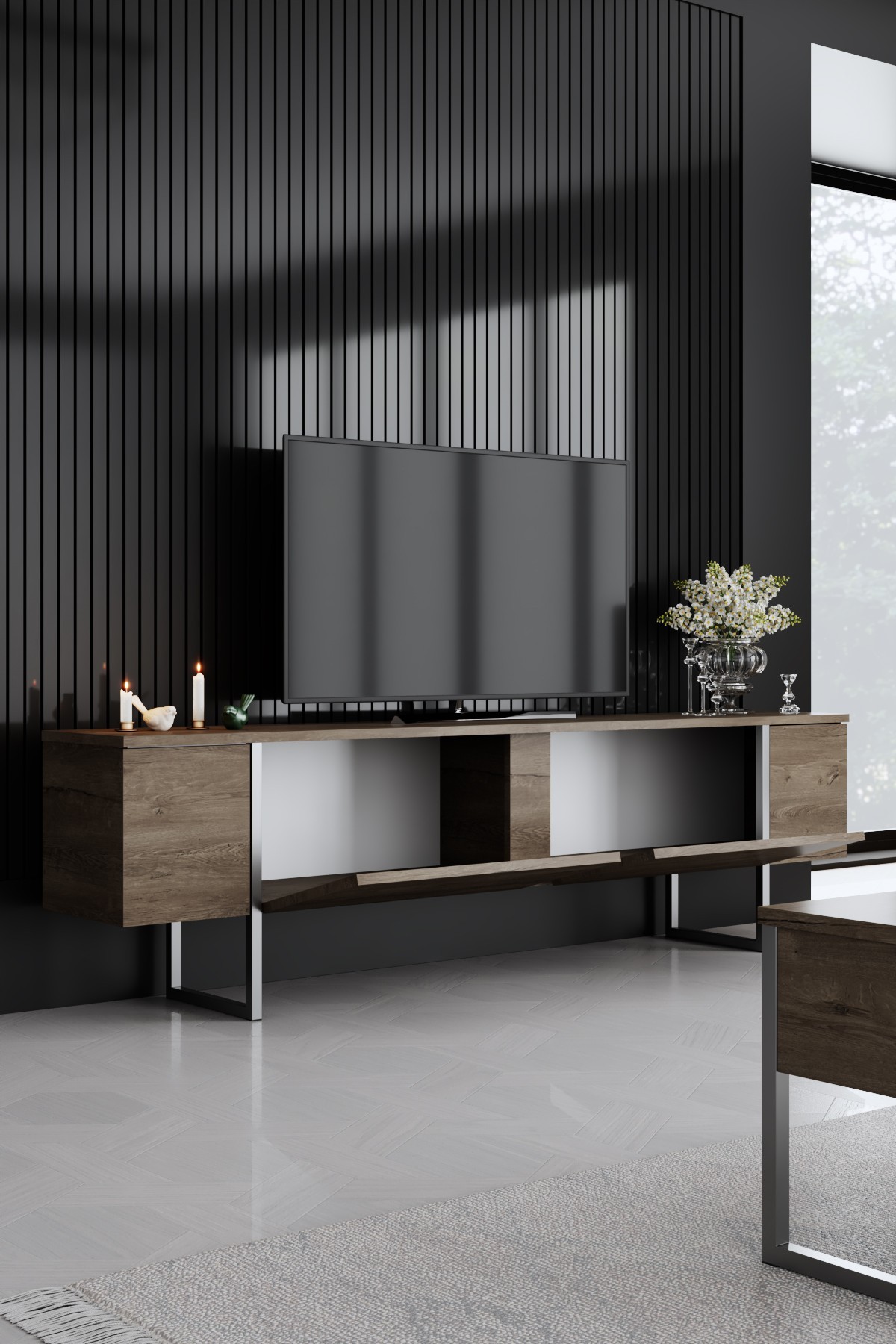 Luxe TV-Schrank Holz Walnuss Silber