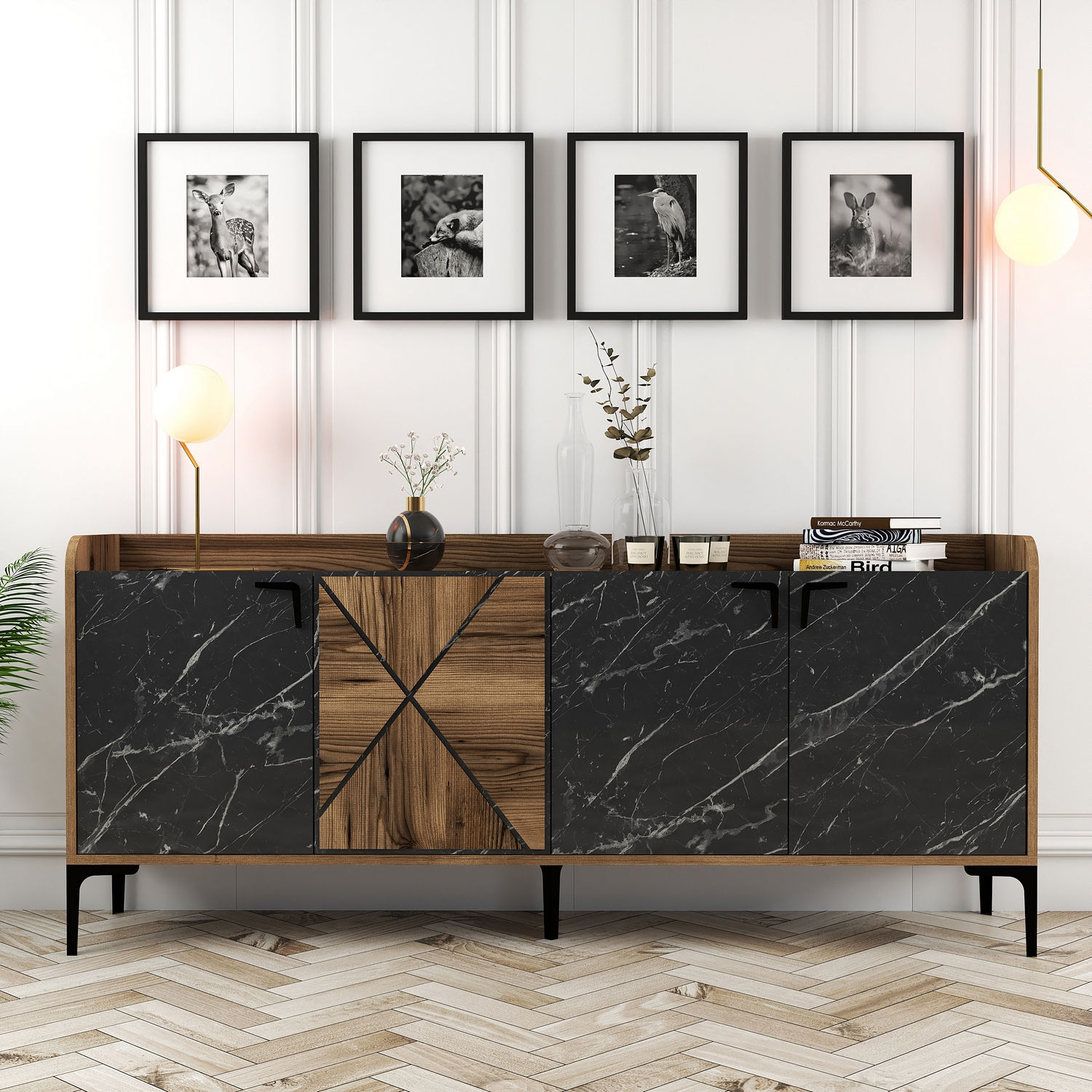 Venedik Sideboard Walnussbraun Marmoroptik Schwarz