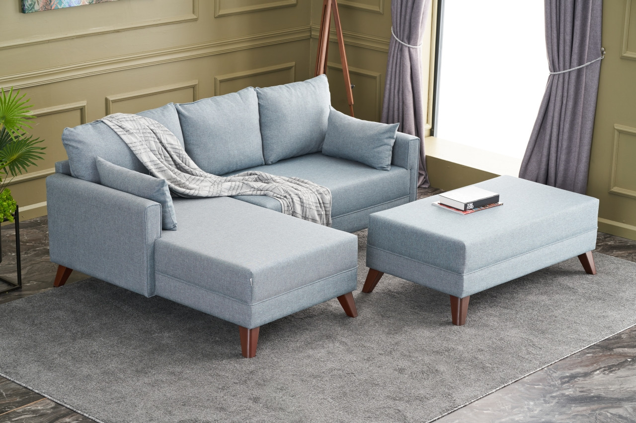 Bella Sofa Récamiere Links mit Hocker Blau