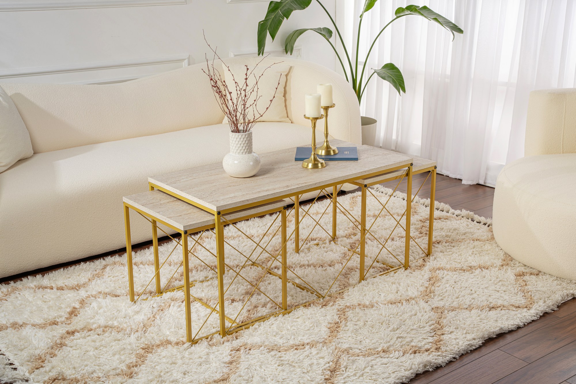 Defne Couchtisch Set Holz Travertine Gold