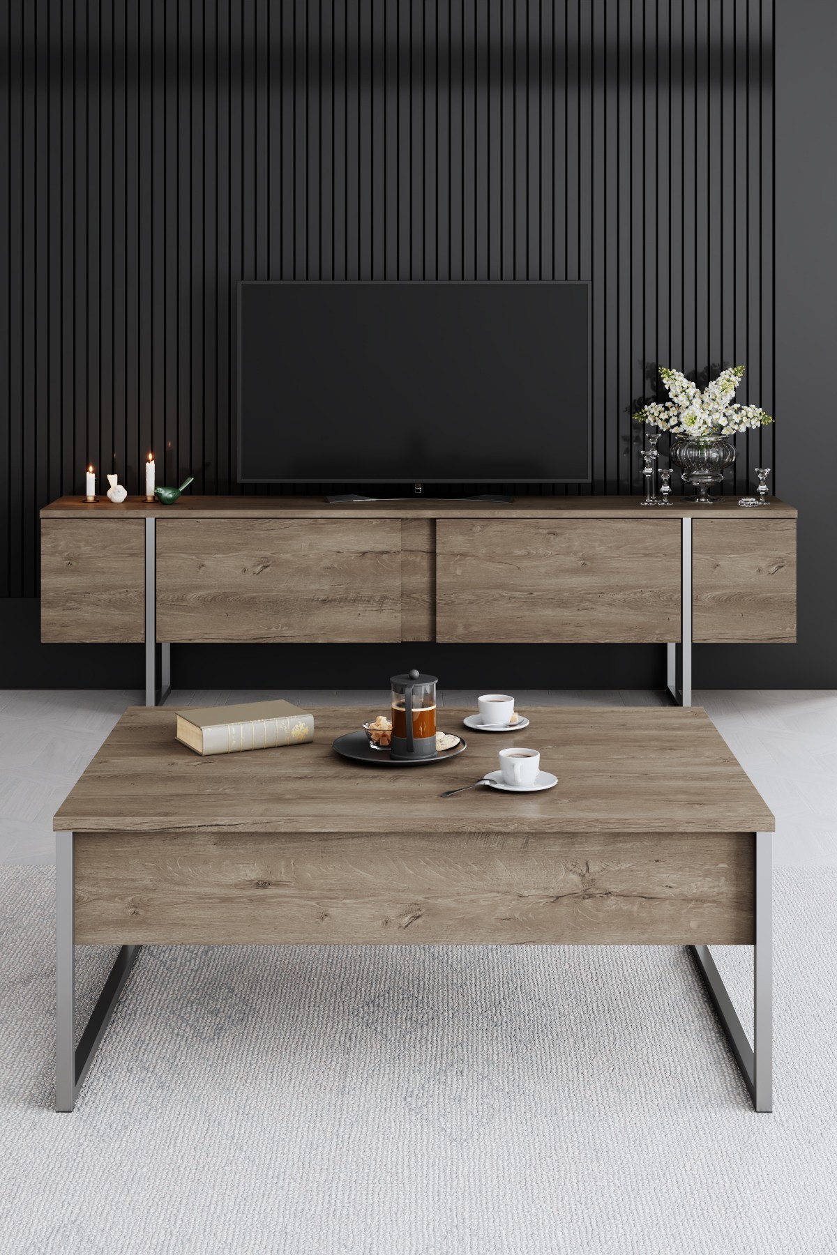 Luxe TV-Schrank Holz Walnuss Silber