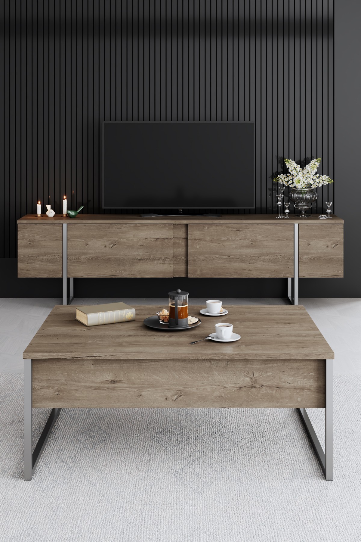 Luxe TV-Schrank Holzfurnier Silber