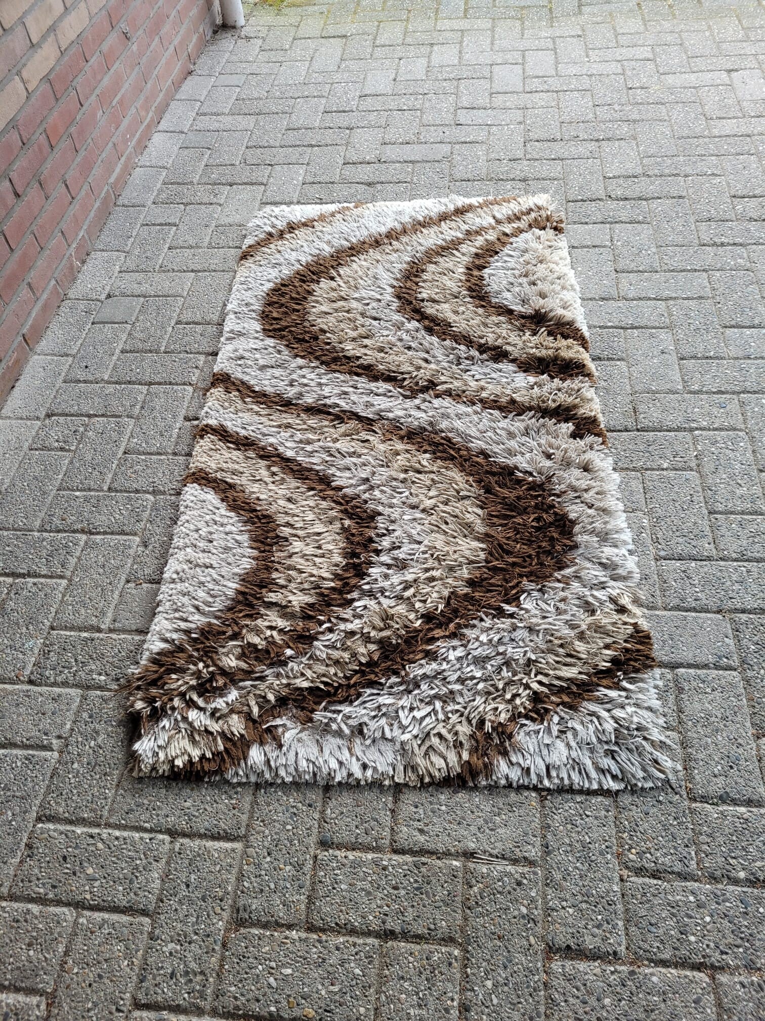 Vintage Läufer Teppich Wolle Weiß Orange 70er Jahre