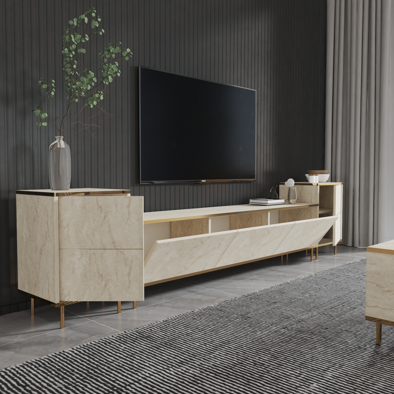 Imaj TV-Schrank Holz Travertine Gold