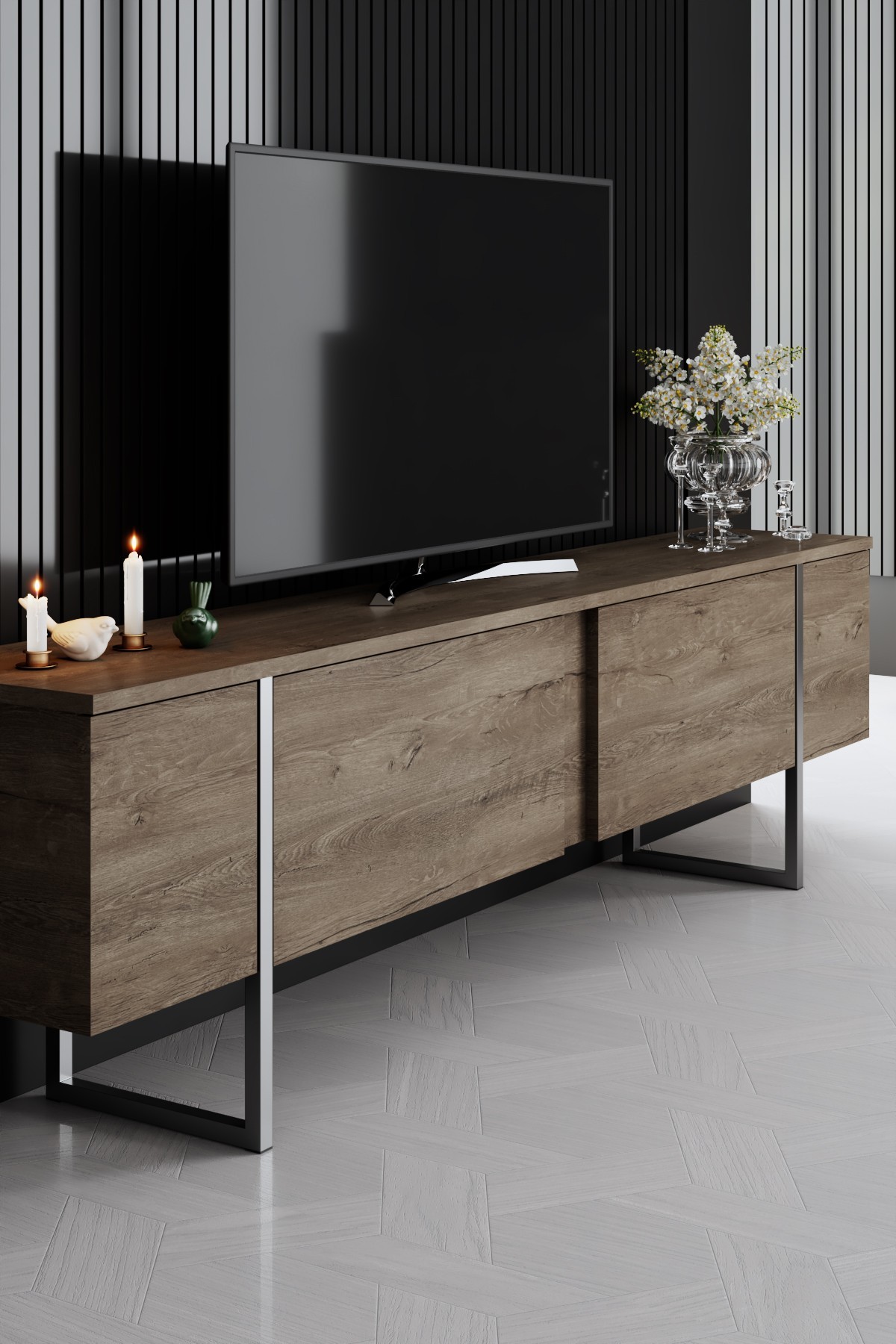 Luxe TV-Schrank Holz Walnuss Silber