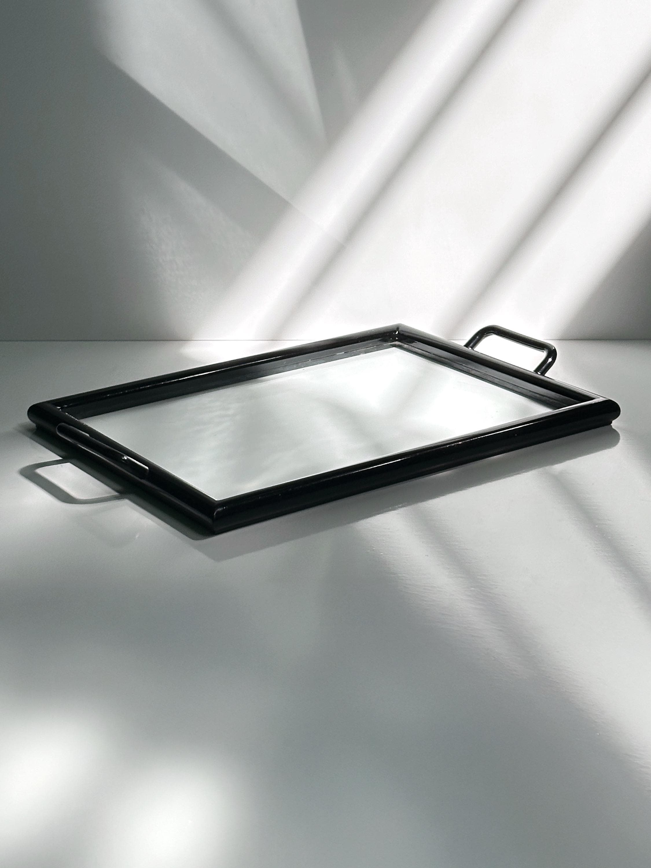 Vintage Tray Wood Glass 1980s