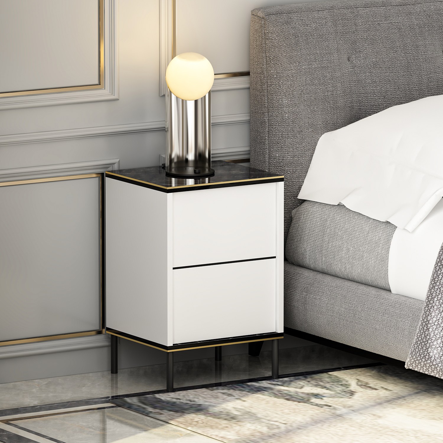 Imaj Nightstand Wood Veneer White Black Gold