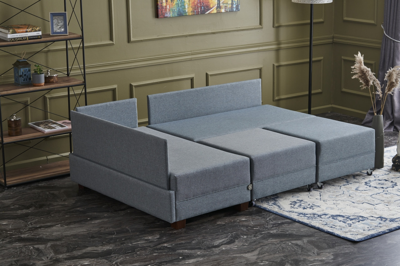 Fly Ecksofa Links mit 2 Hockern Blau