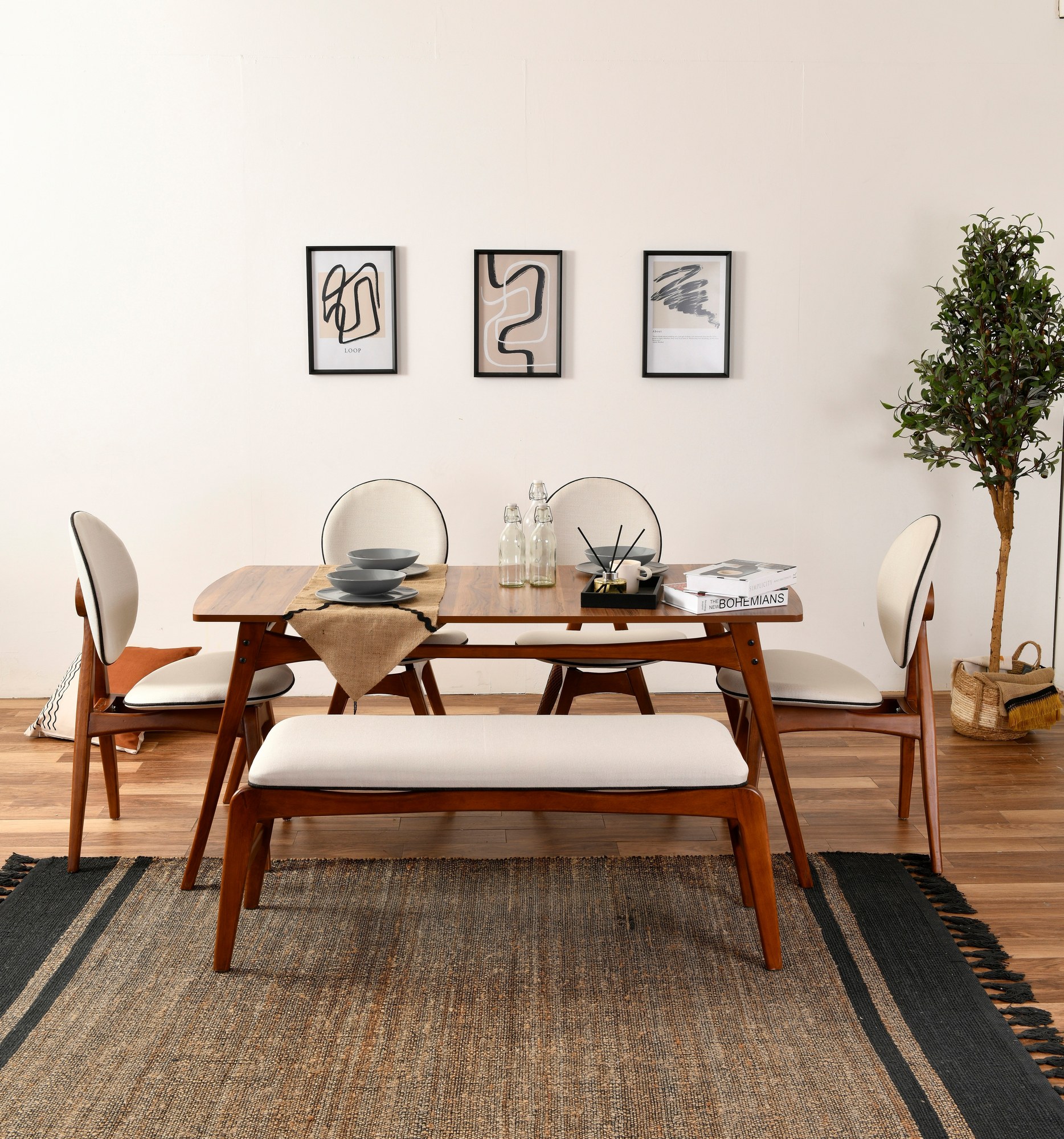 Touch Dining table set 6-pc. Nubuck leather Cream