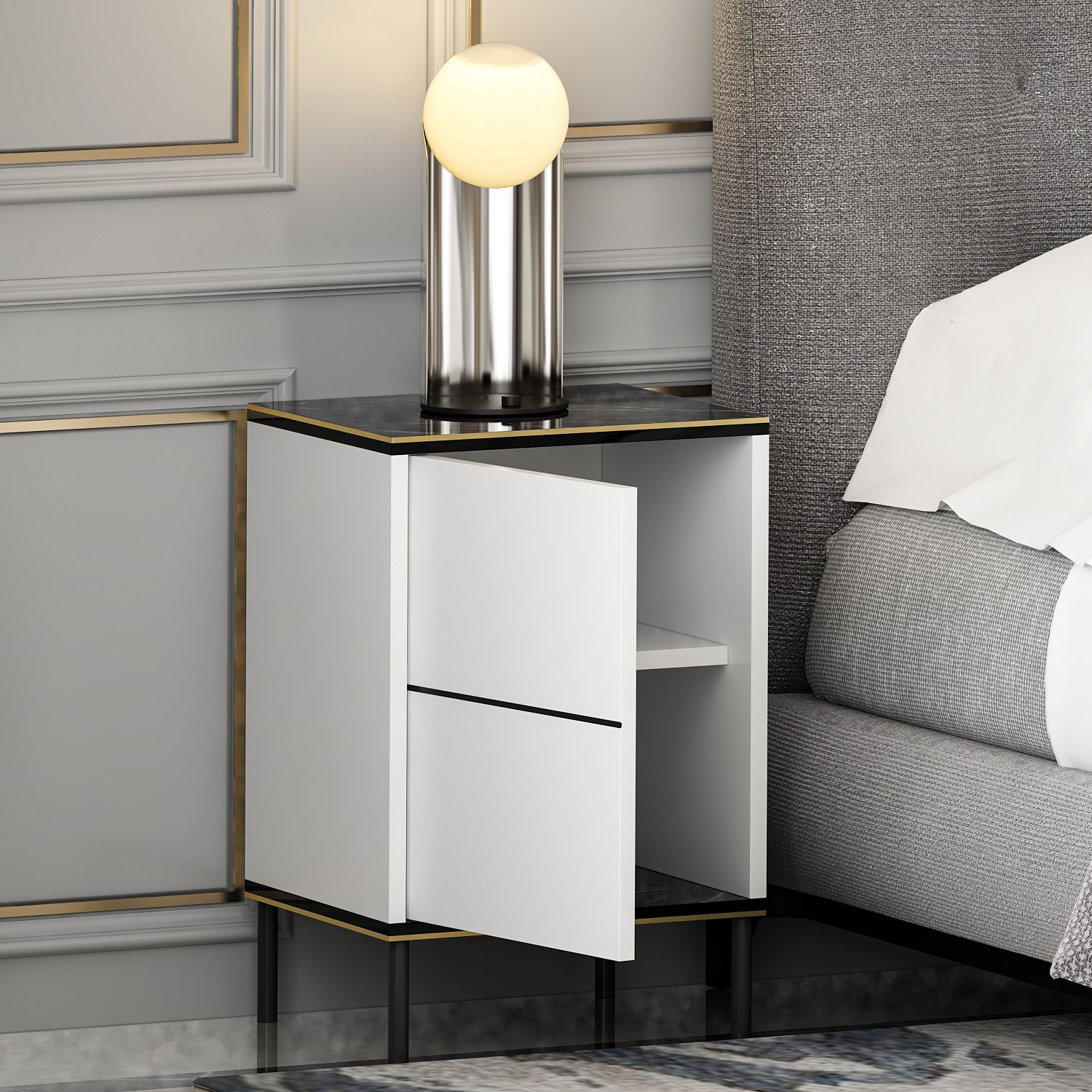 Imaj Nightstand Wood Veneer White Black Gold
