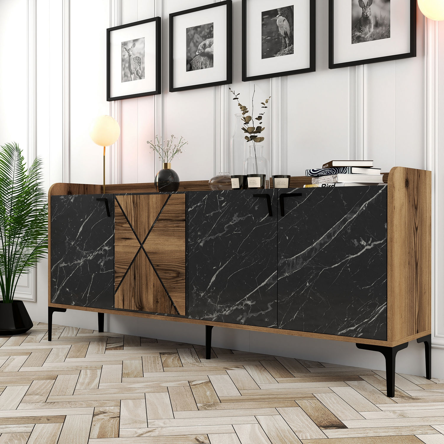 Venedik Sideboard Walnussbraun Marmoroptik Schwarz