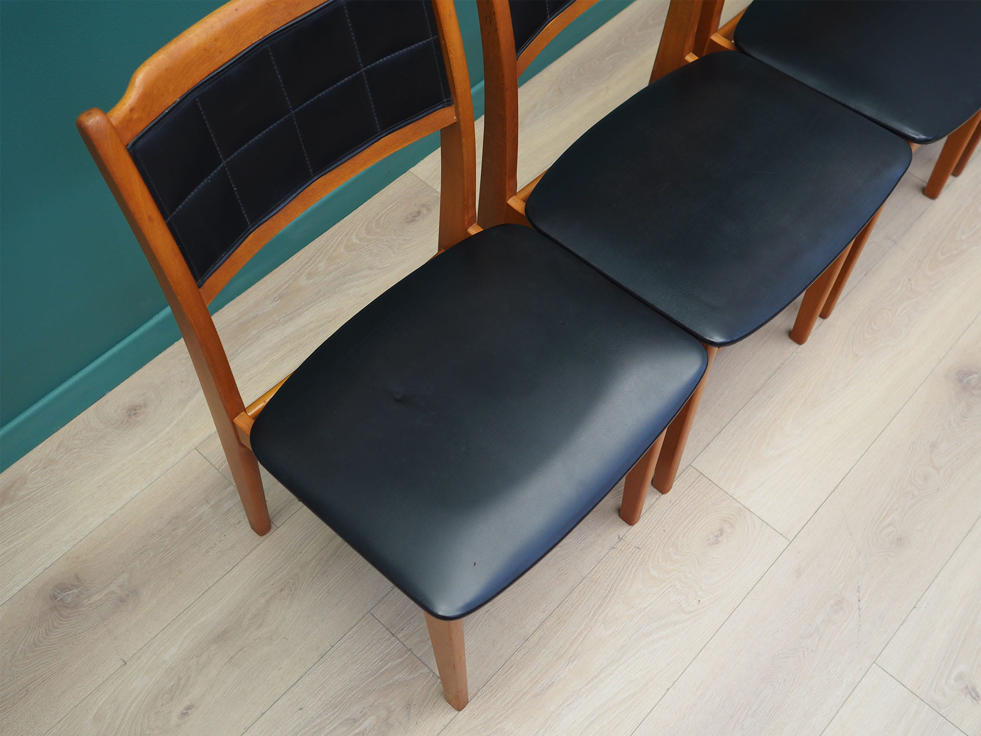 4x Vintage Chair Beech Wood Faux Leather Black 1970s
