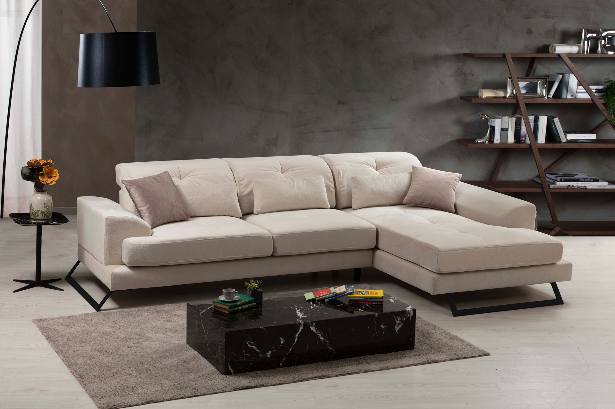 Sofa Récamiere Rechts Polyester Holz Ecru