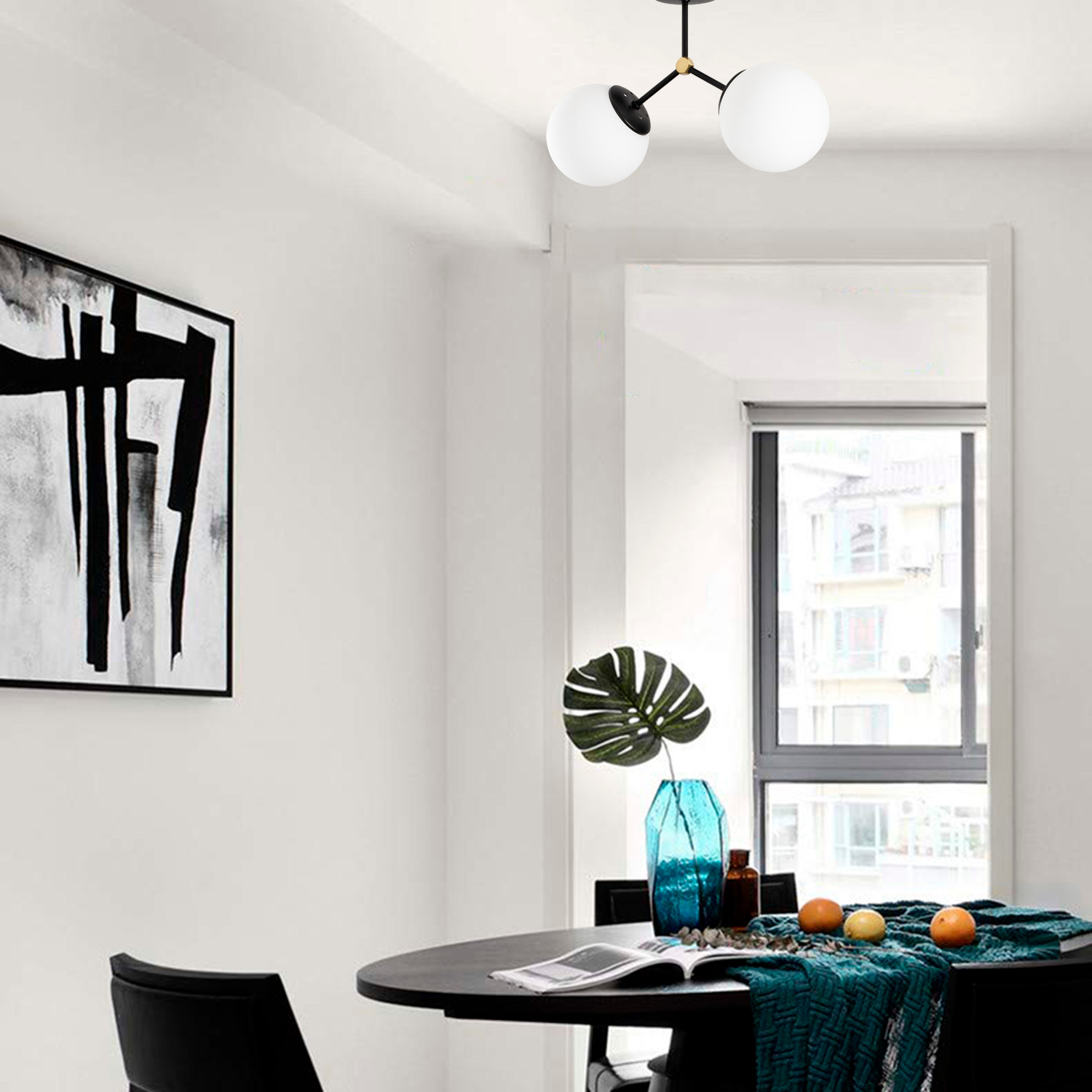 Lampada da soffitto con 2 sfere di vetro in metallo