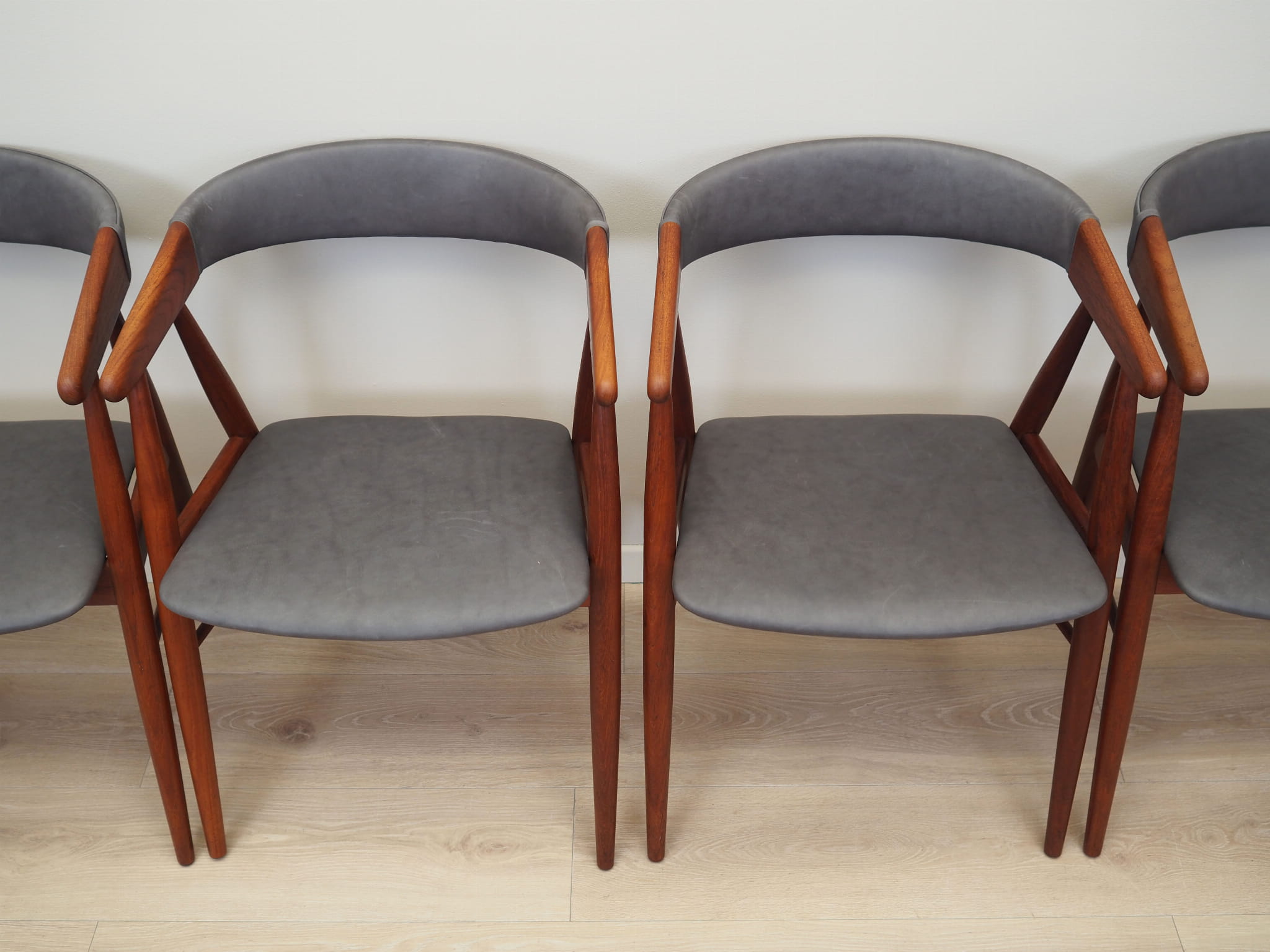 4x Vintage Chair Teak Wood Leather Gray 1960s