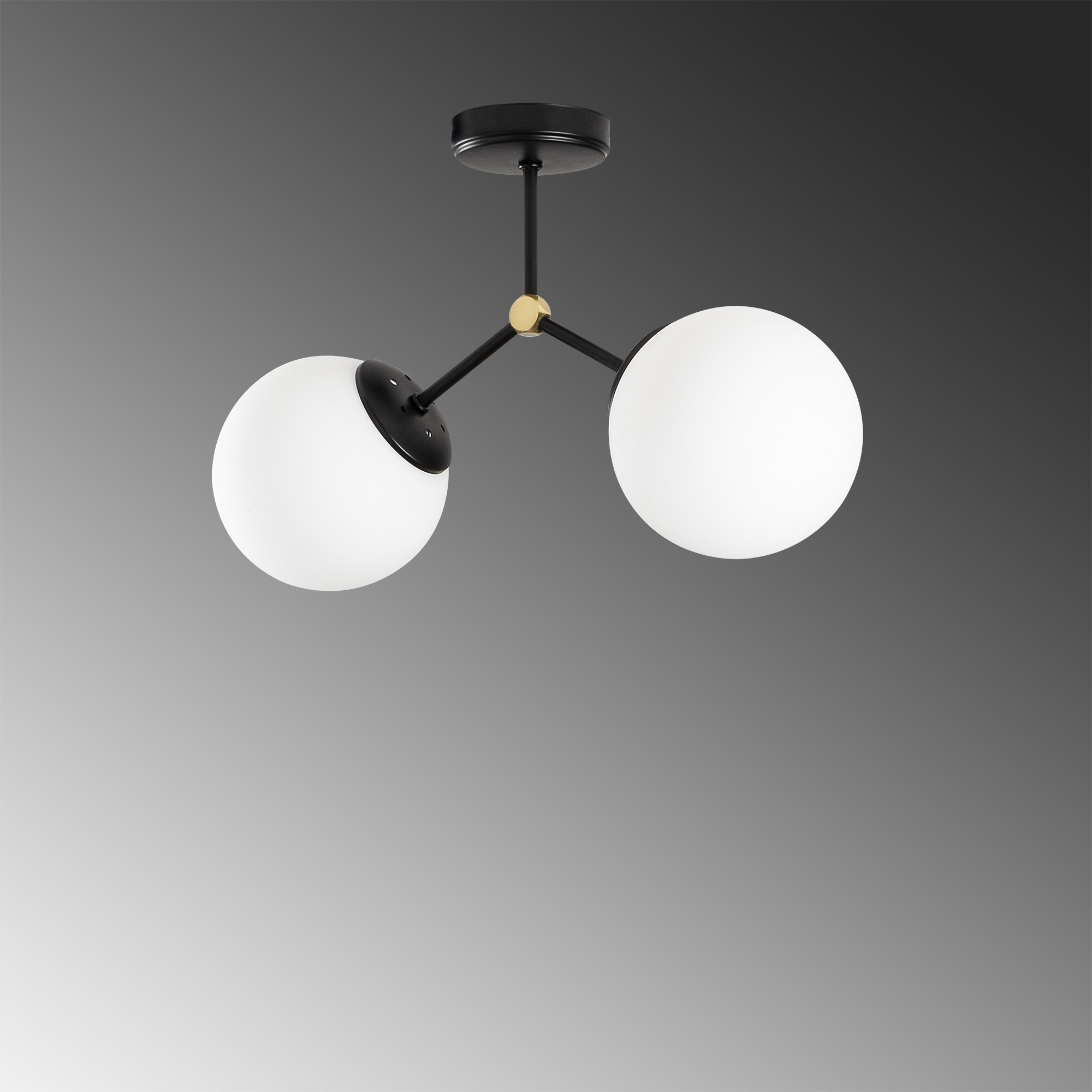 Ceiling light with 2 glass spheres made of metal
