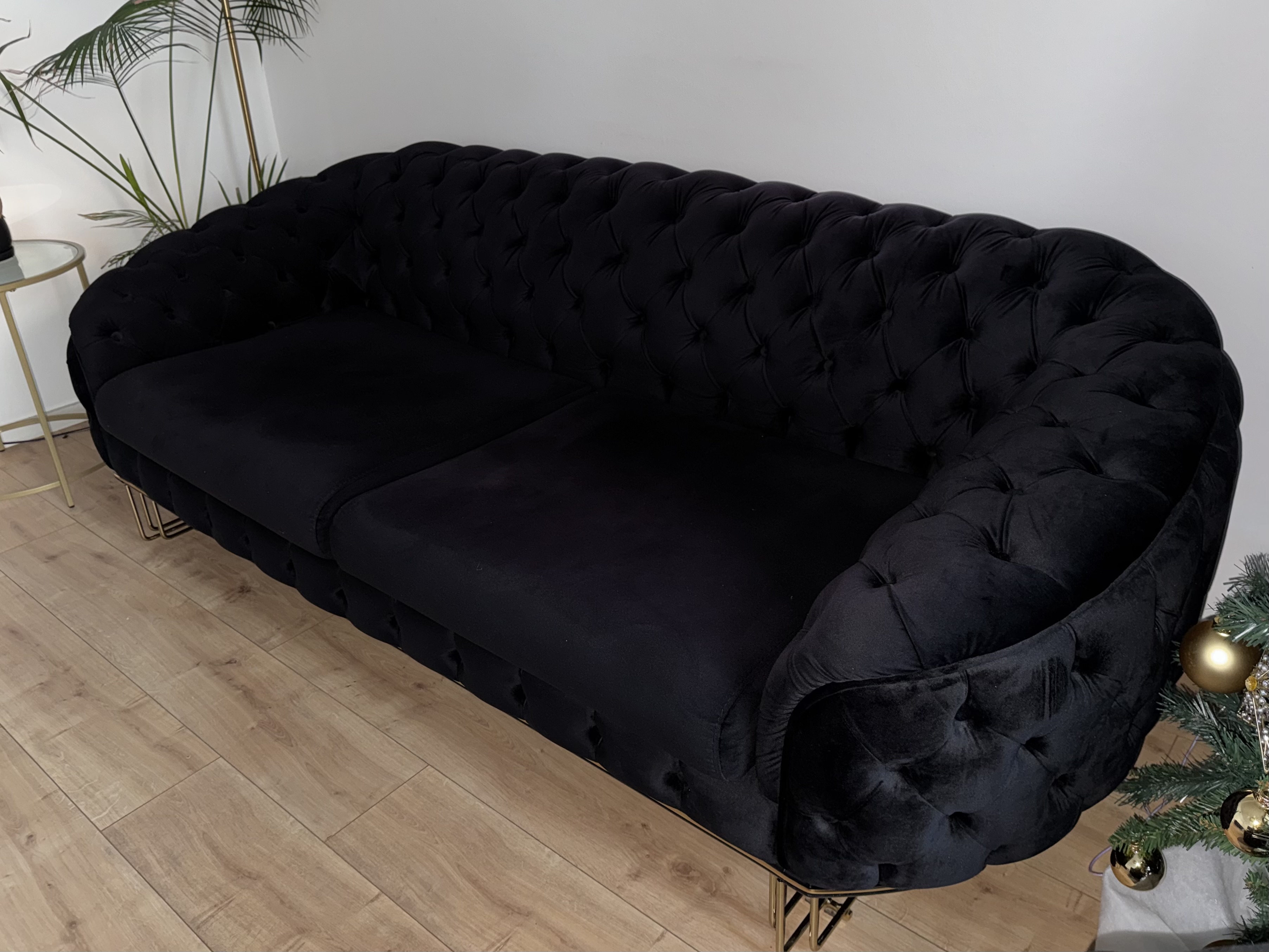 Chesterfield Couch-Set Sofa Armchair Velvet Black Gold