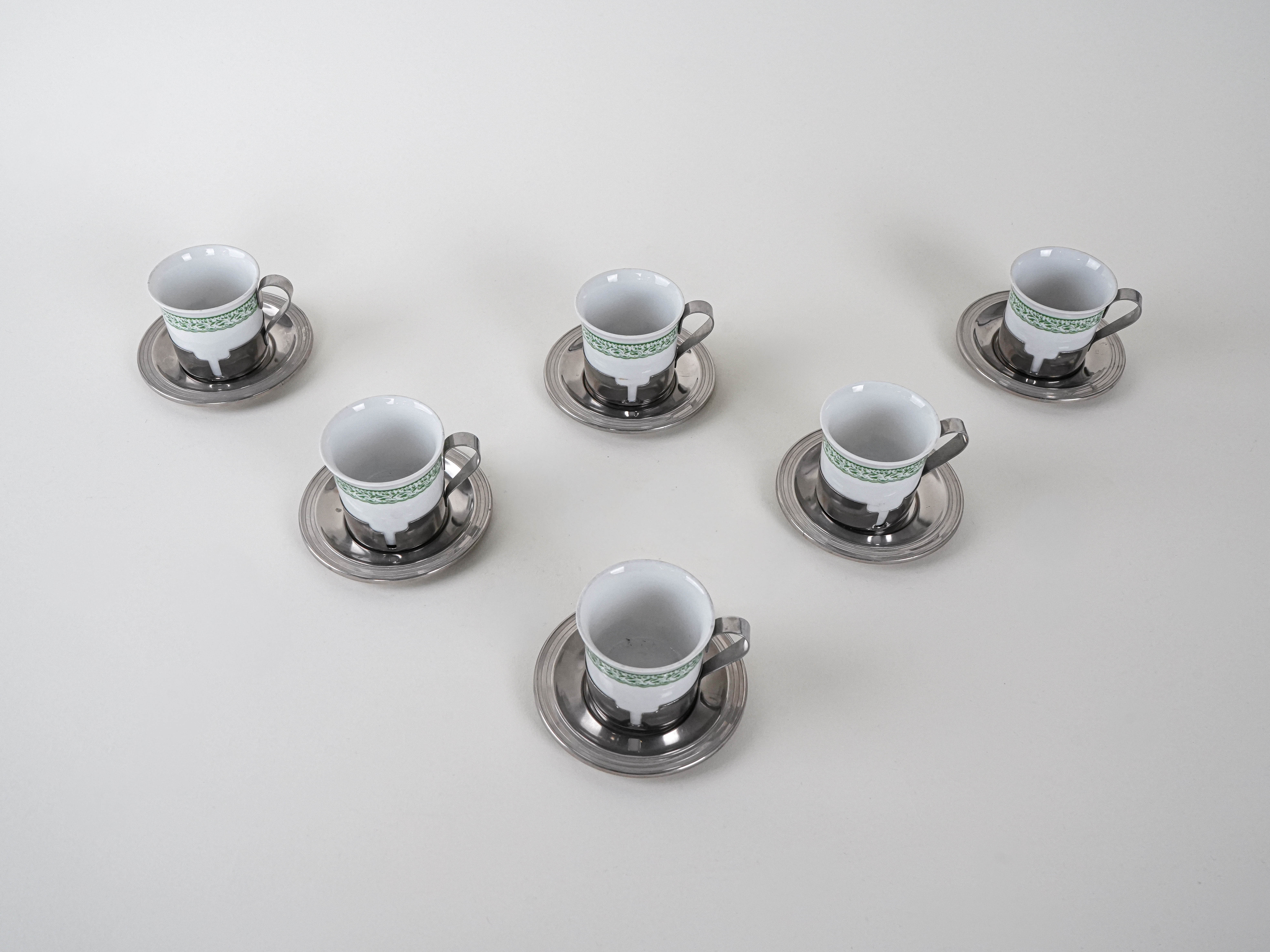 Espressotassen-Set Porzellan Silber Weiß 1980er Jahre