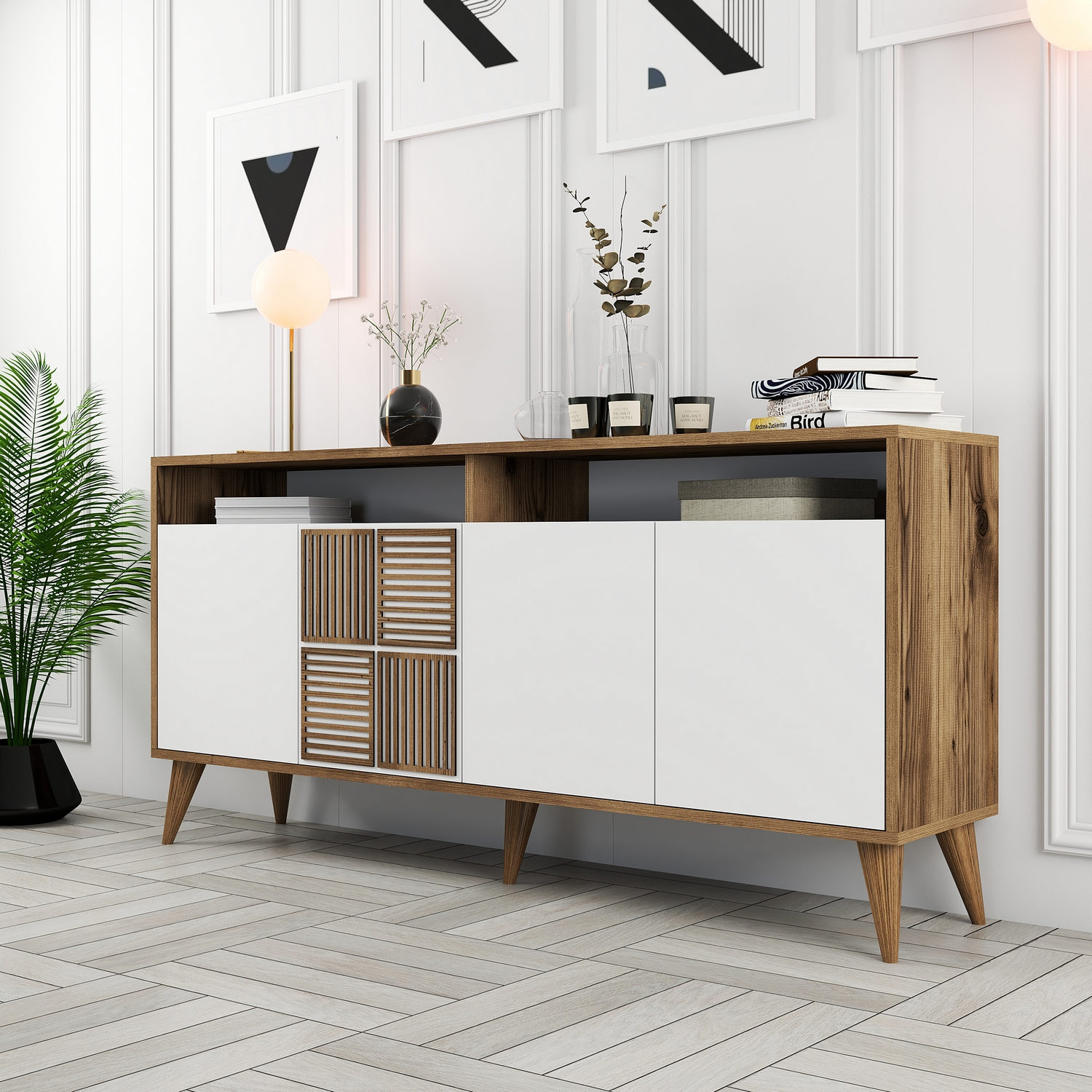 Milan Sideboard Walnussbraun Weiß 160cm